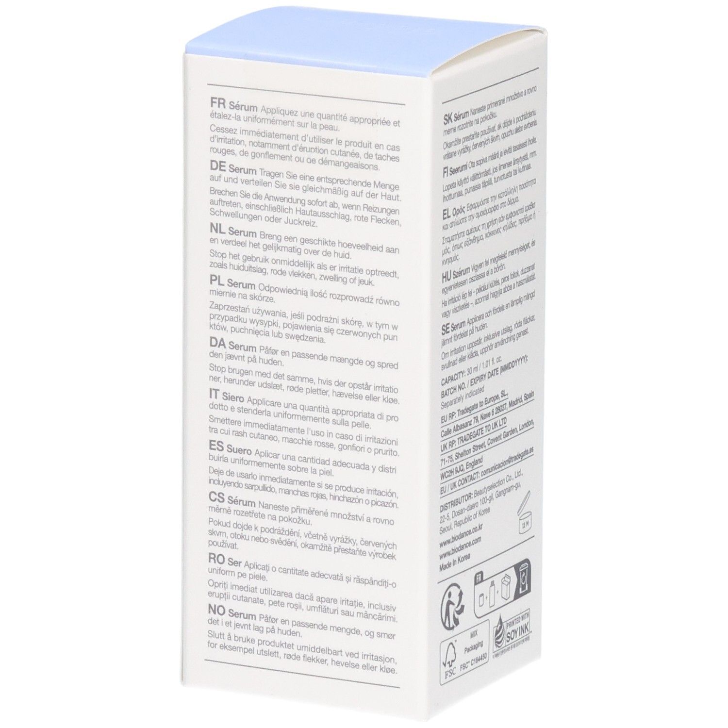 Seitenansicht der Biodance Hydro Cera-nol Serum Verpackung mit mehrsprachigen Anwendungshinweisen.