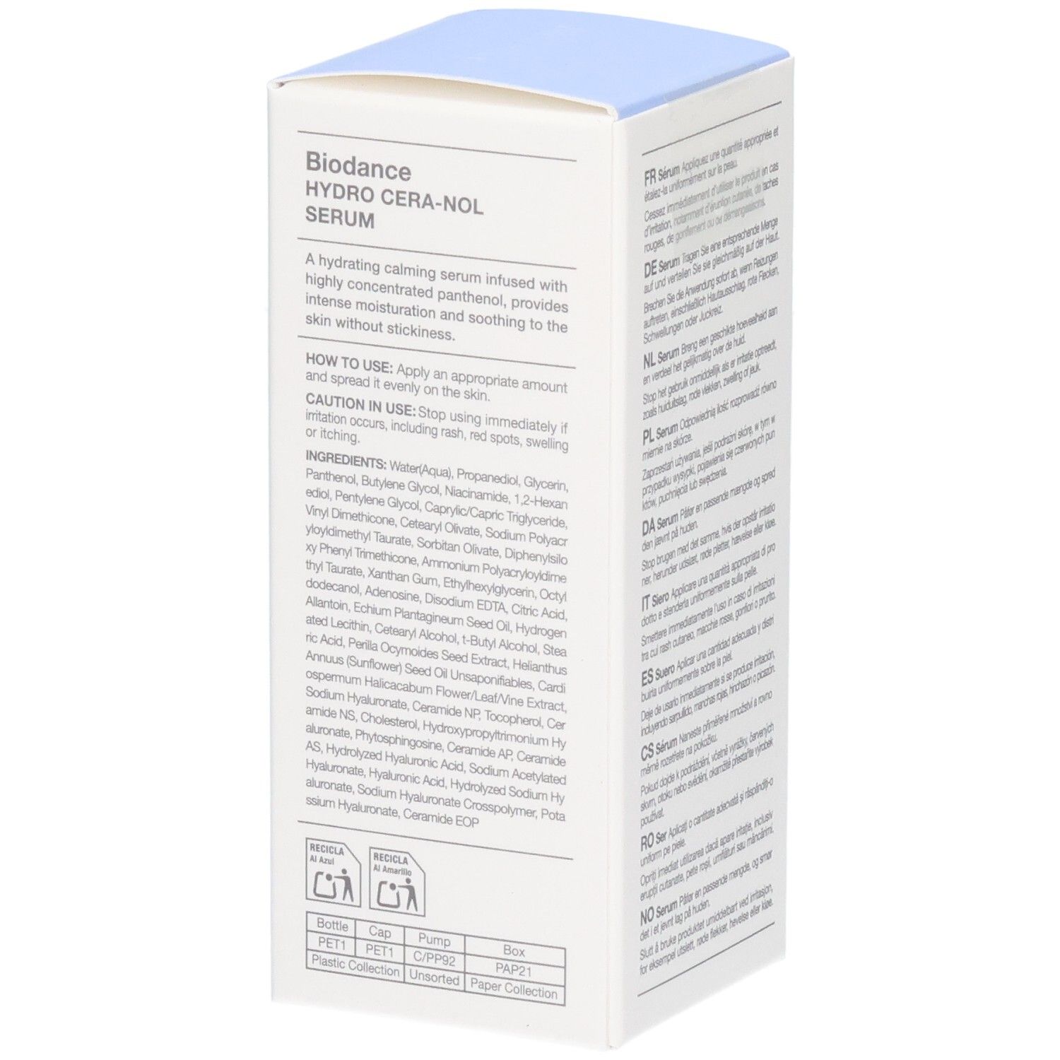 Biodance Hydro Cera-nol Serum Verpackung mit detaillierten Anwendungshinweisen und Inhaltsstoffliste.