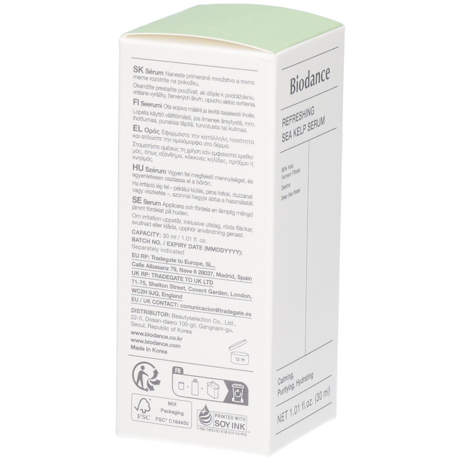 Rückseite der Biodance Refreshing Sea Kelp Serum Verpackung mit Anwendungs- und Herstellerinformationen.