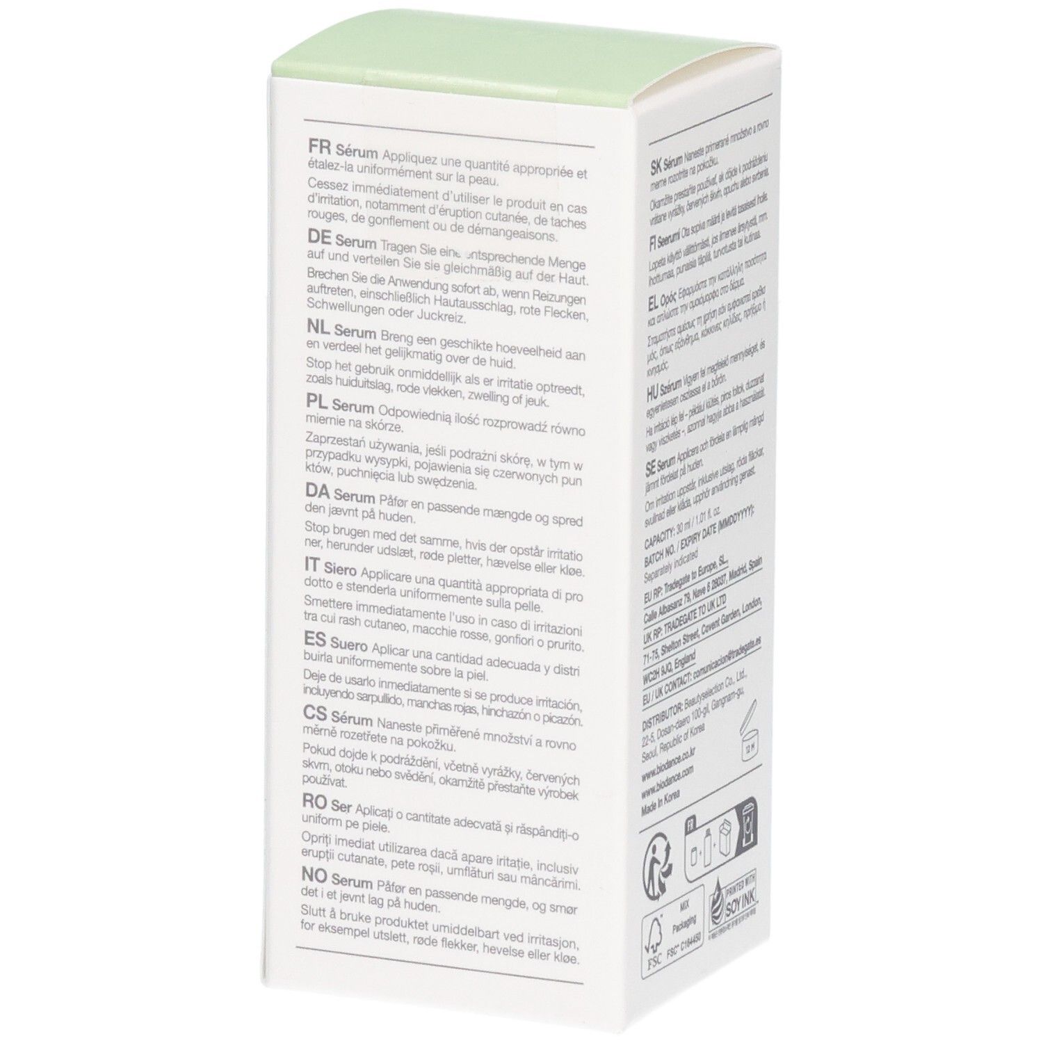 Seitenansicht der Biodance Refreshing Sea Kelp Serum Verpackung mit mehrsprachigen Anwendungshinweisen.