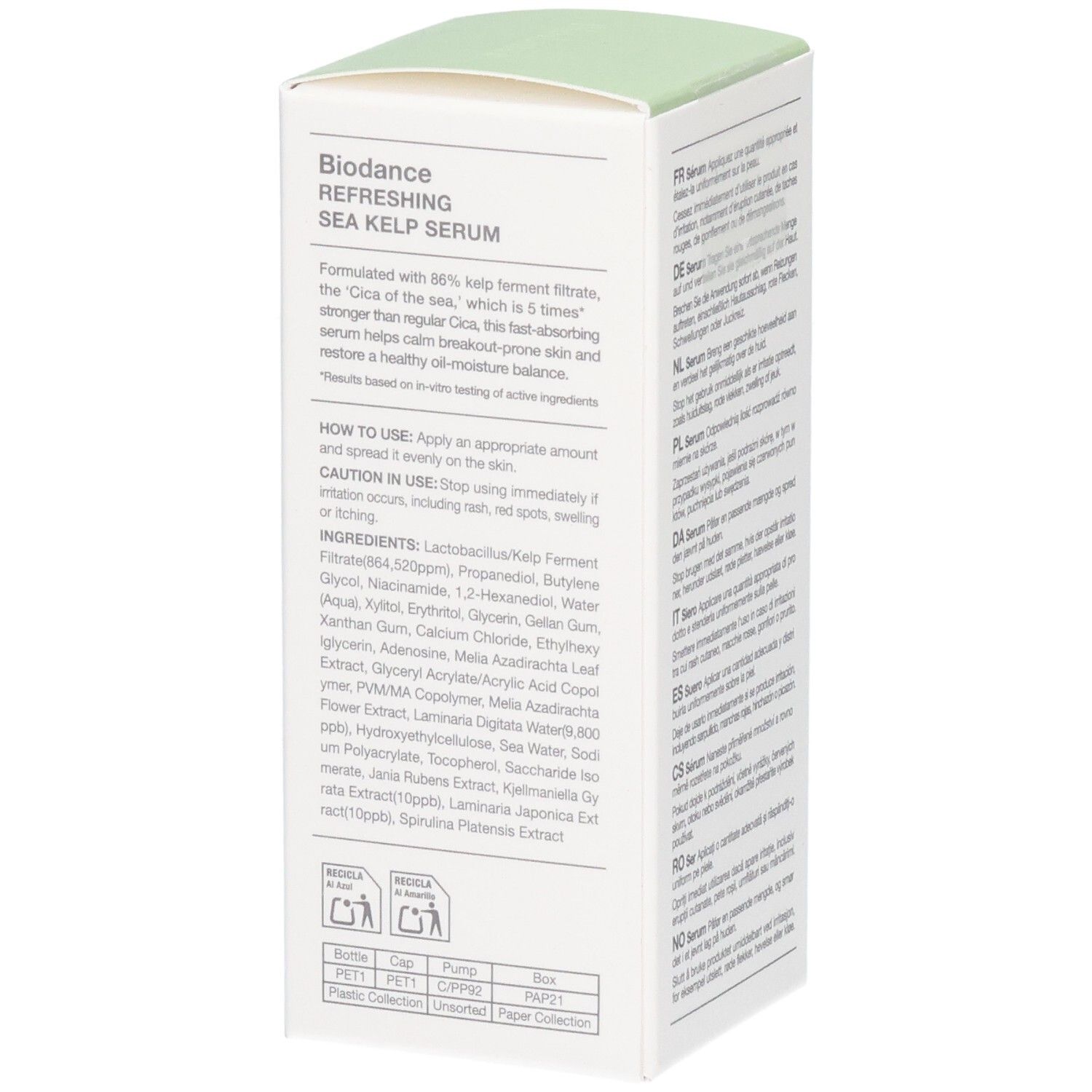 Biodance Refreshing Sea Kelp Serum Verpackung mit Inhaltsstoffen und Anwendungshinweisen.