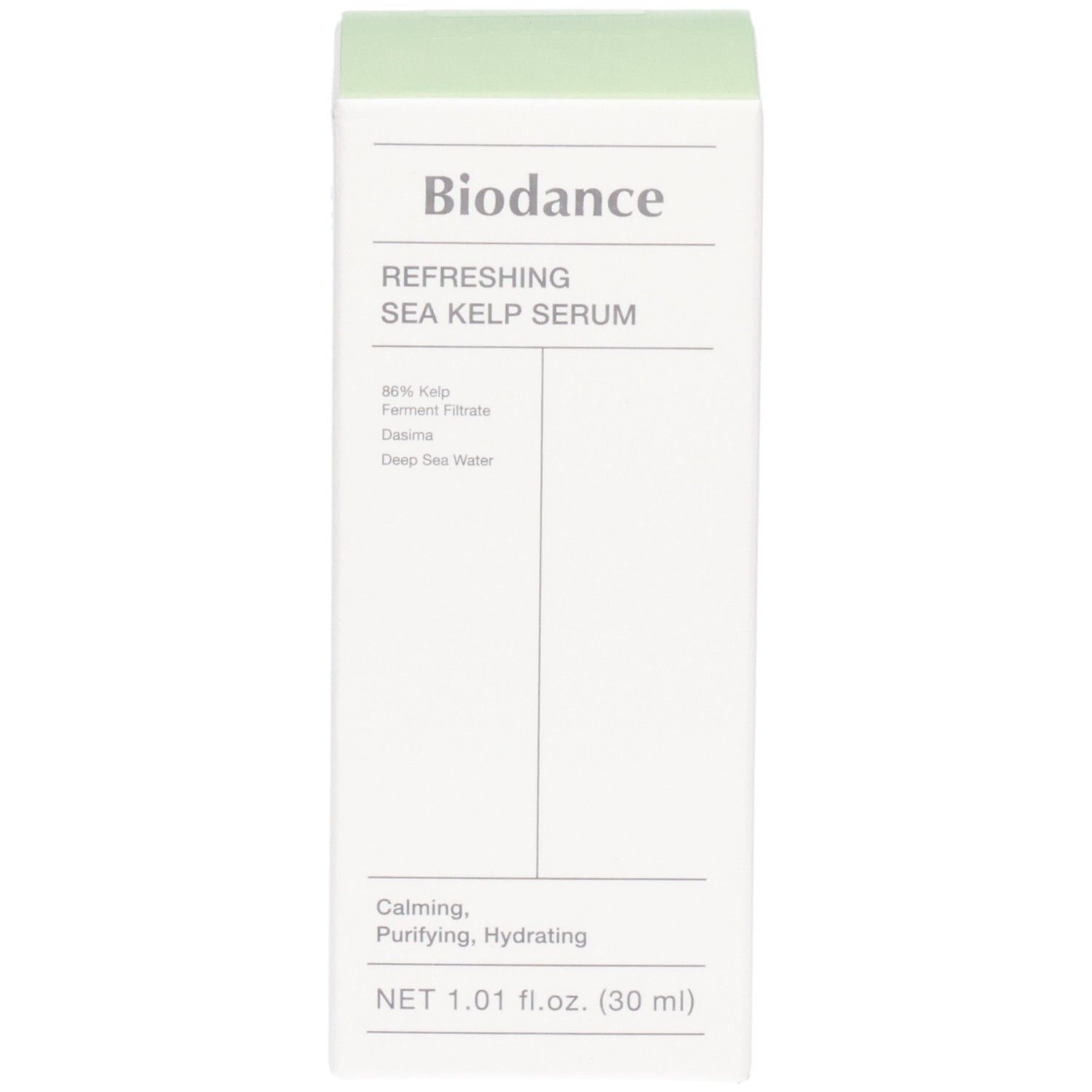 Vorderseite der Biodance Refreshing Sea Kelp Serum Verpackung. Enthält 86% Kelp Ferment Filtrat. Netto 1.01 fl.oz. (30 ml).