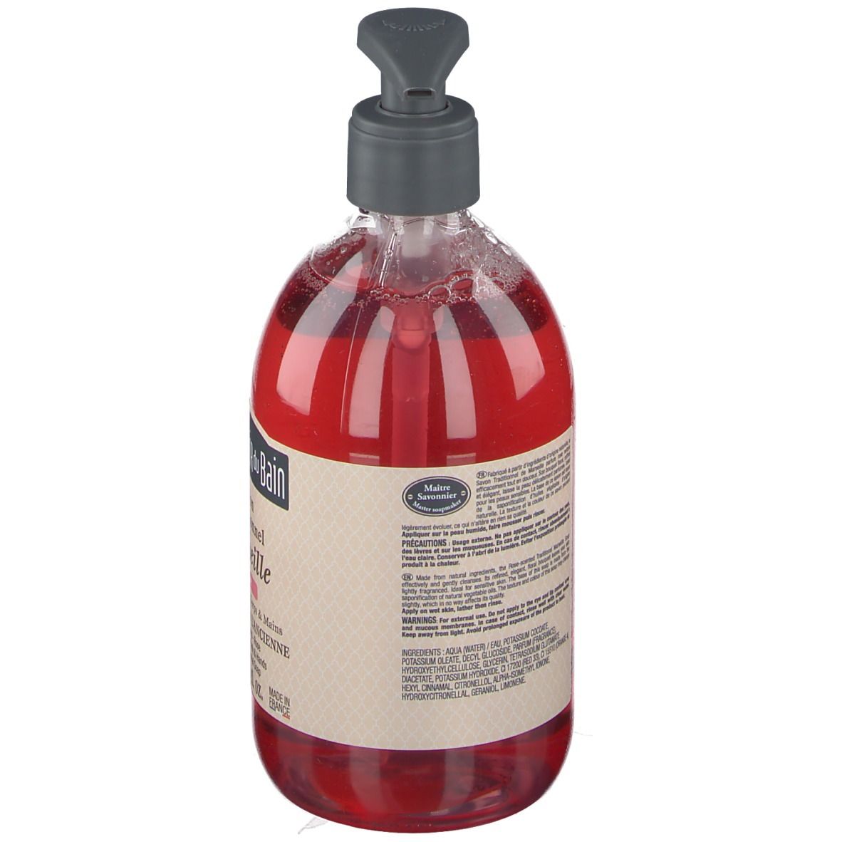 Rückansicht der roten Flüssigseife in einer durchsichtigen Flasche mit Pumpe. Text auf Etikett.