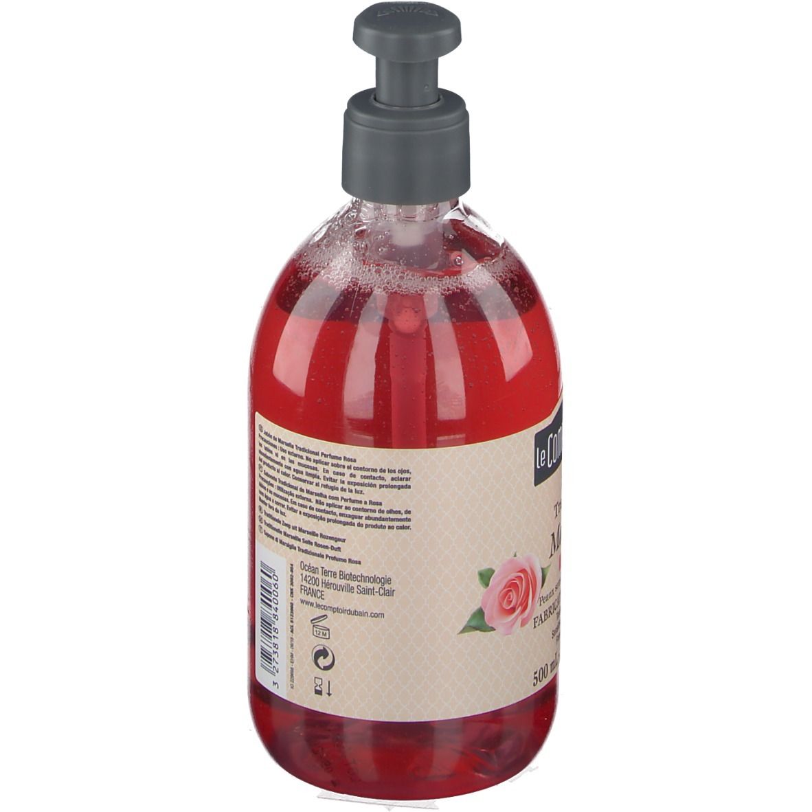 Rückansicht der roten Flüssigseife in einer durchsichtigen Flasche mit Pumpe. Text auf Etikett.