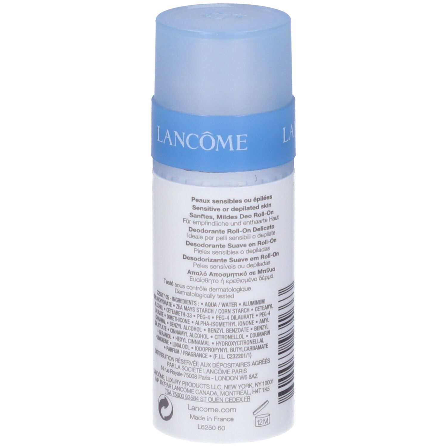 Lancôme Roll-On Deodorant für empfindliche Haut. Weißer Behälter mit blauem Band und transparentem Deckel.