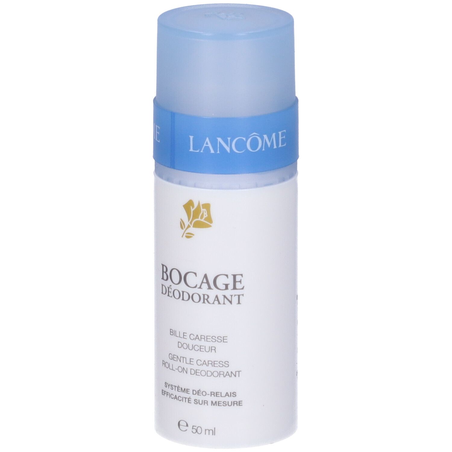 Lancôme Bocage Deodorant Roll-On, 50 ml. Weißer Behälter mit blauem Deckel und Band.