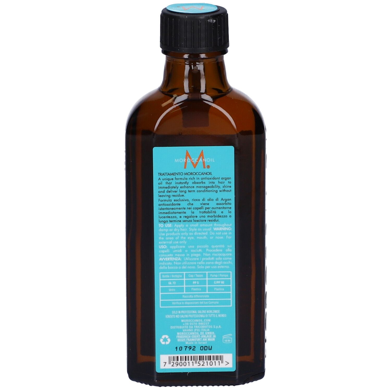 Moroccanoil Treatment Flasche, braunes Glas, mit Etikett und schwarzem Deckel.