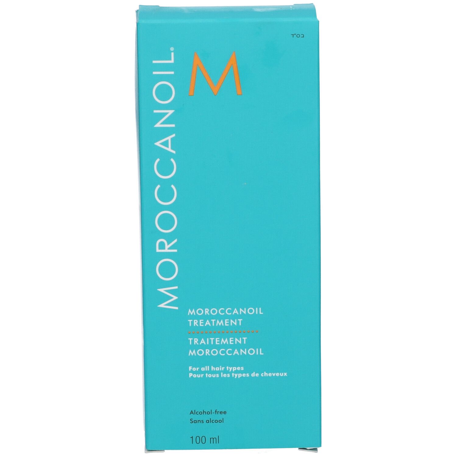 Moroccanoil Treatment Verpackung, türkisfarben, Vorderseite mit Logo und Text.