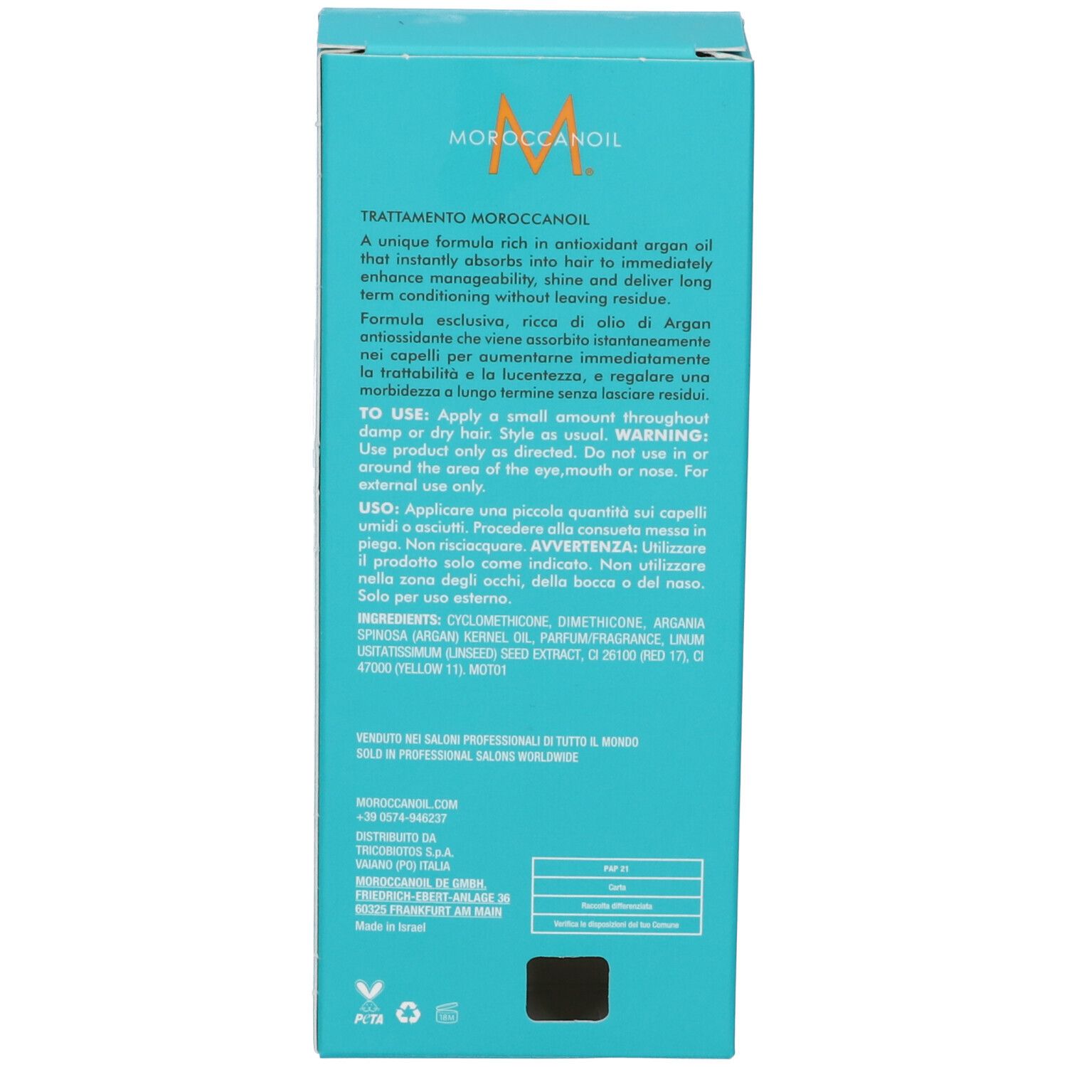 Rückseite der Moroccanoil Treatment Verpackung mit detaillierten Produktinformationen.