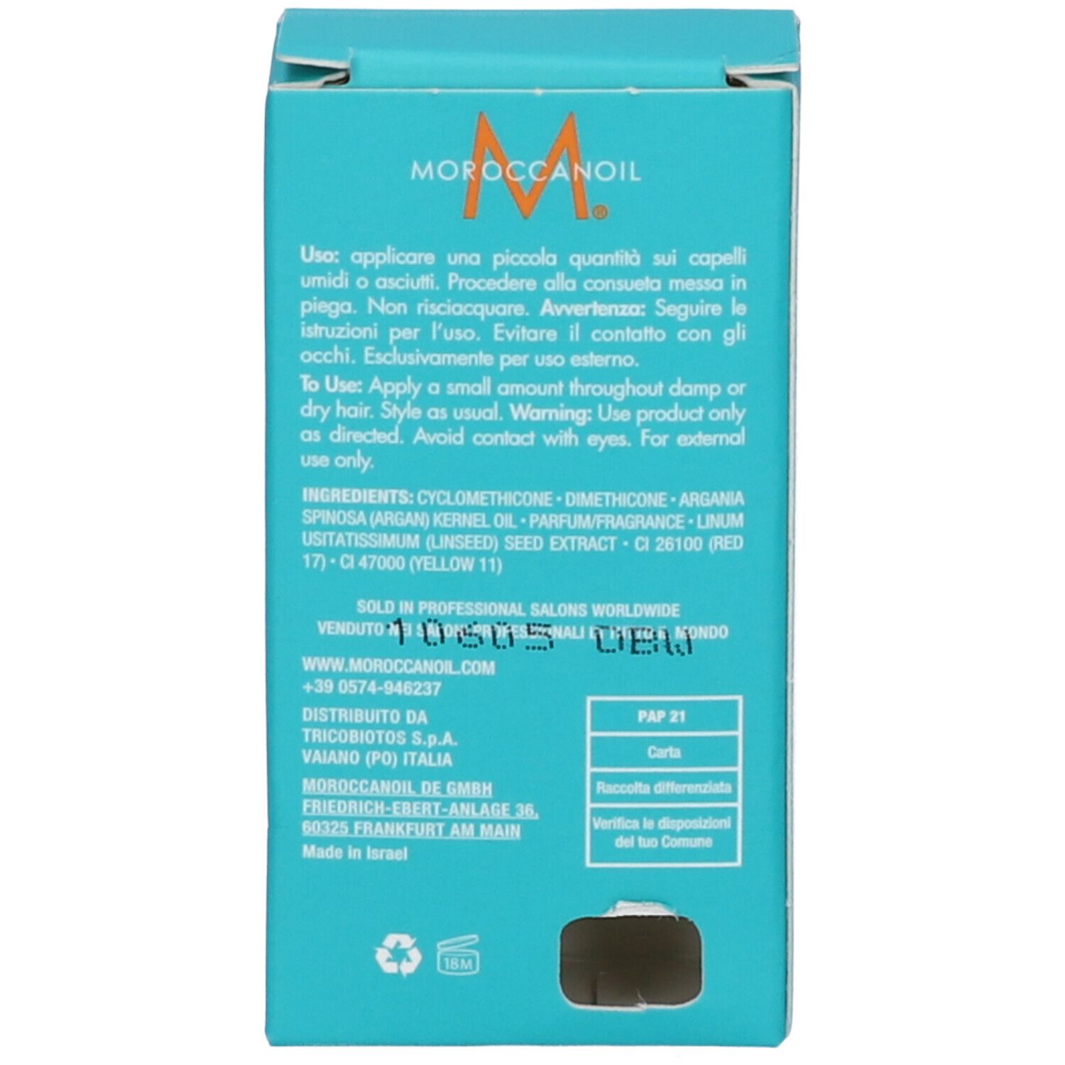 Moroccanoil Produktverpackung mit Anwendungshinweisen und Inhaltsstoffen.