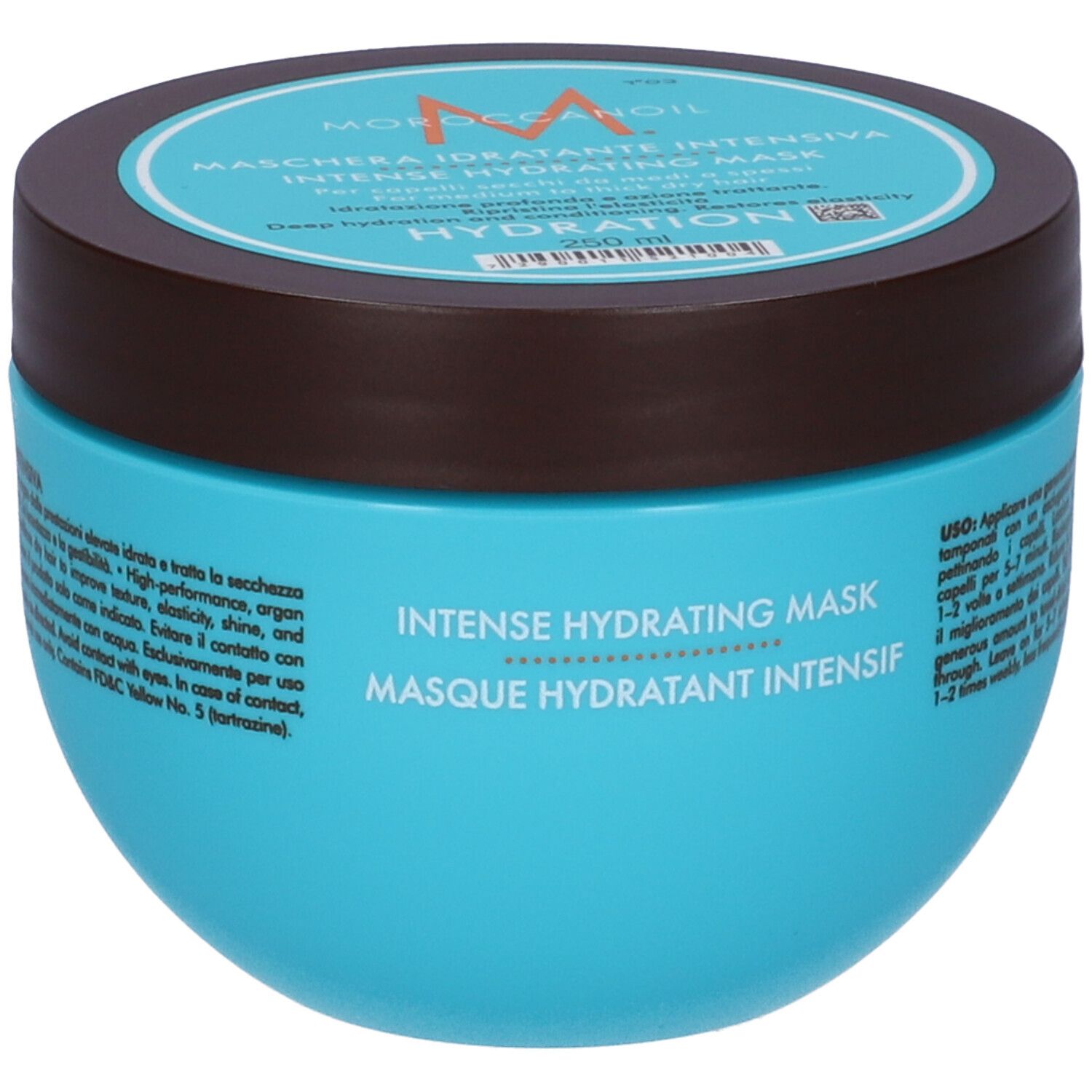 Türkisfarbene Dose mit braunem Deckel. Aufschrift: Moroccanoil, Maschera Idratante Intensiva, Intense Hydrating Mask.