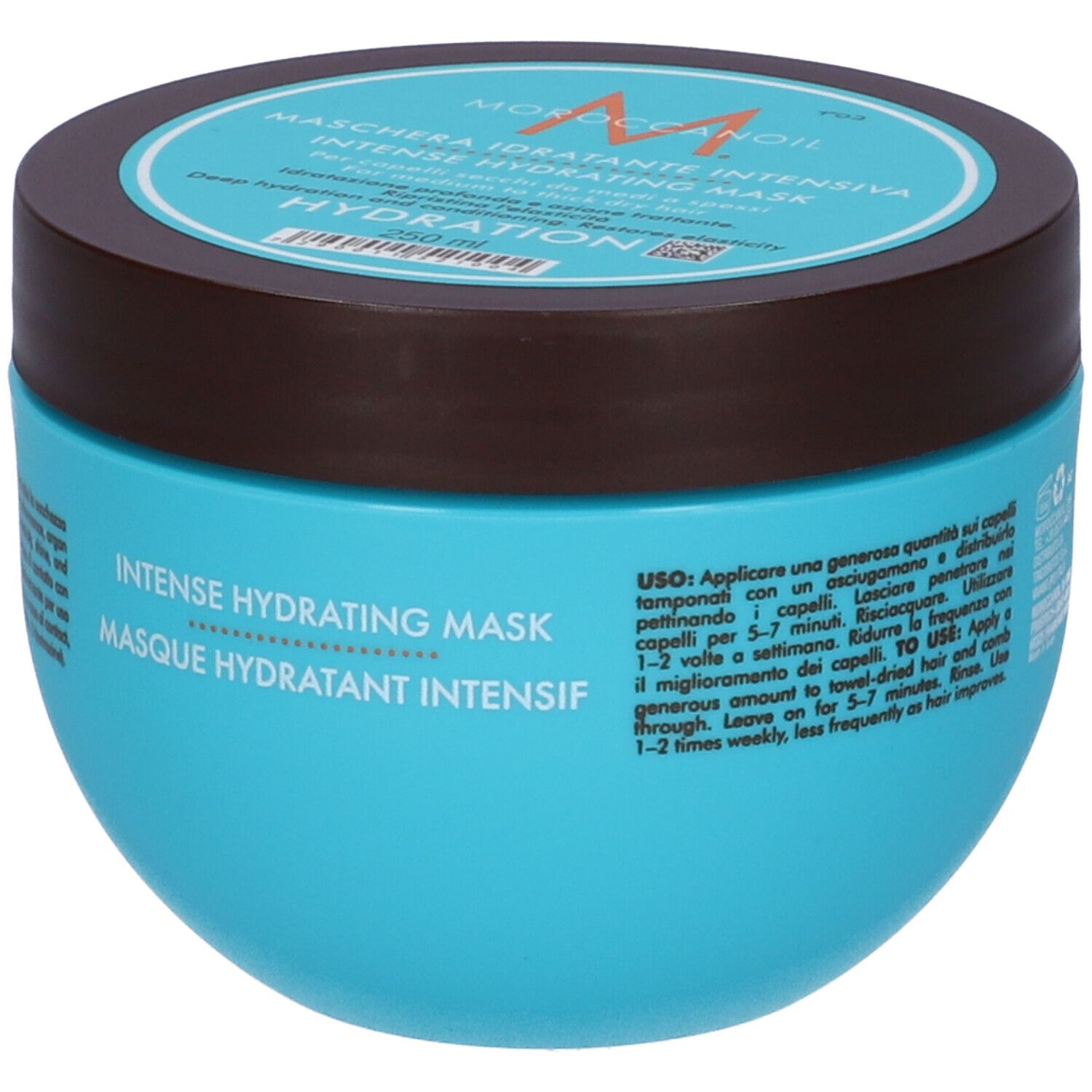 Türkisfarbene Dose mit braunem Deckel. Aufschrift: Moroccanoil, Maschera Idratante Intensiva, Intense Hydrating Mask.