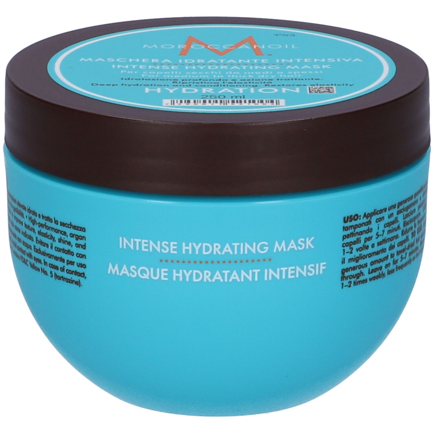 Runde, türkisfarbene Dose mit braunem Deckel. Aufschrift: Moroccanoil, Maschera Idratante Intensiva, Intense Hydrating Mask.