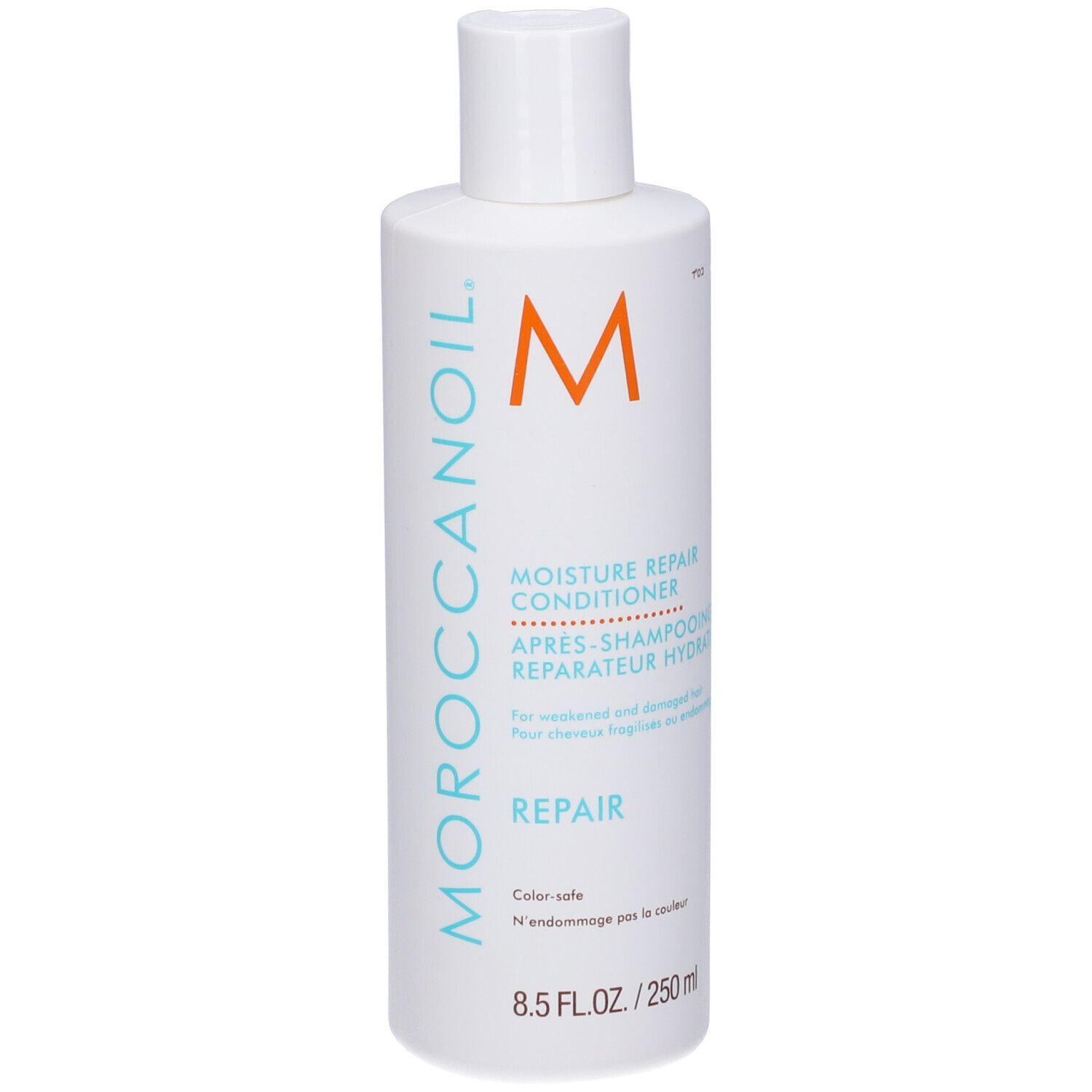Weiße Flasche mit Moroccanoil Logo, 'Moisture Repair Conditioner' und 250ml Angabe.