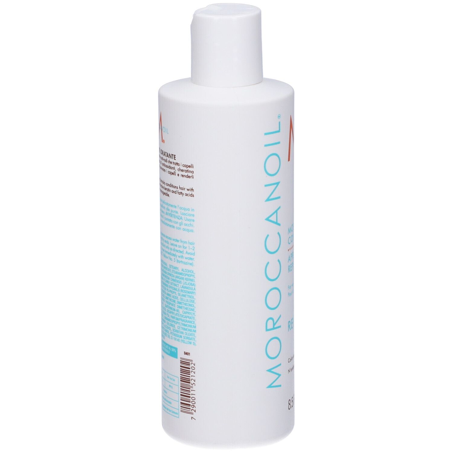 Weiße Flasche mit Moroccanoil Logo und Produktinformationen.