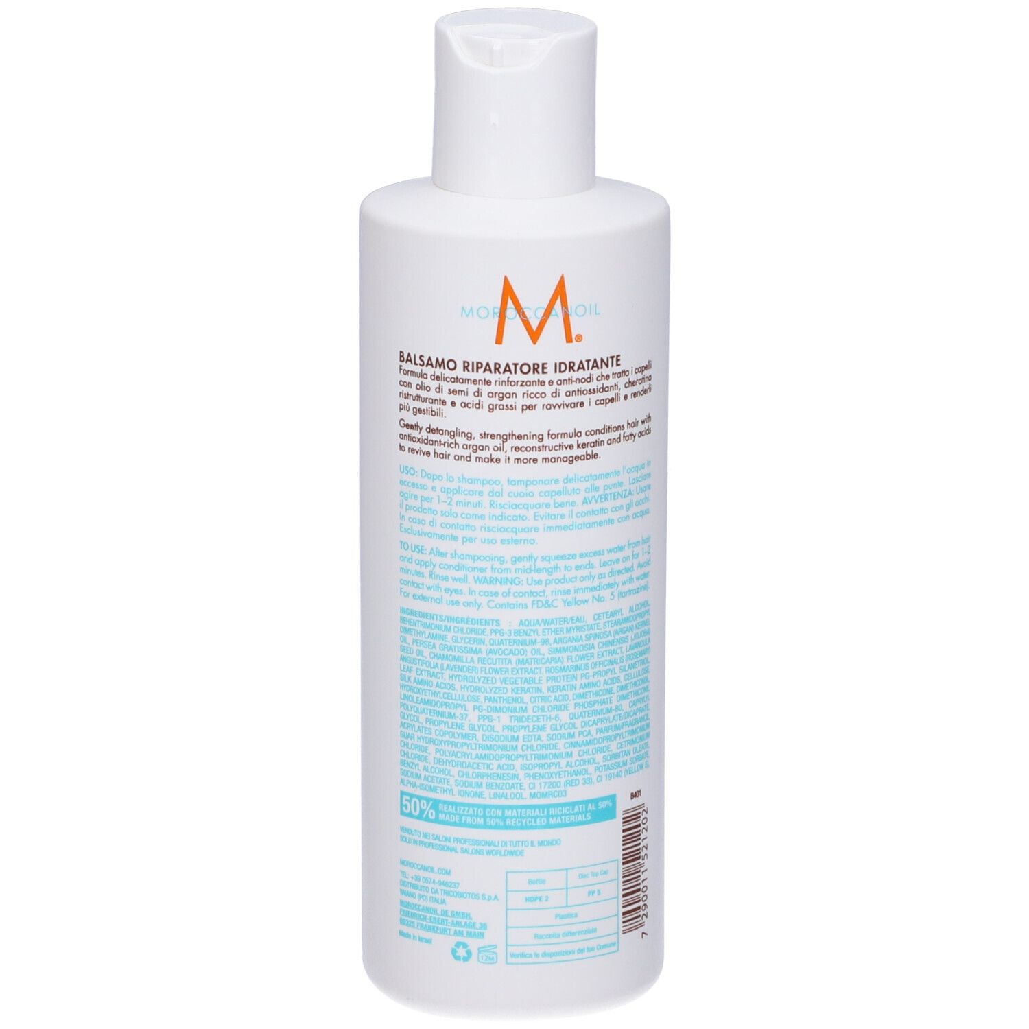 Rückseite einer weißen Flasche mit Moroccanoil Logo und detaillierten Produktinformationen.