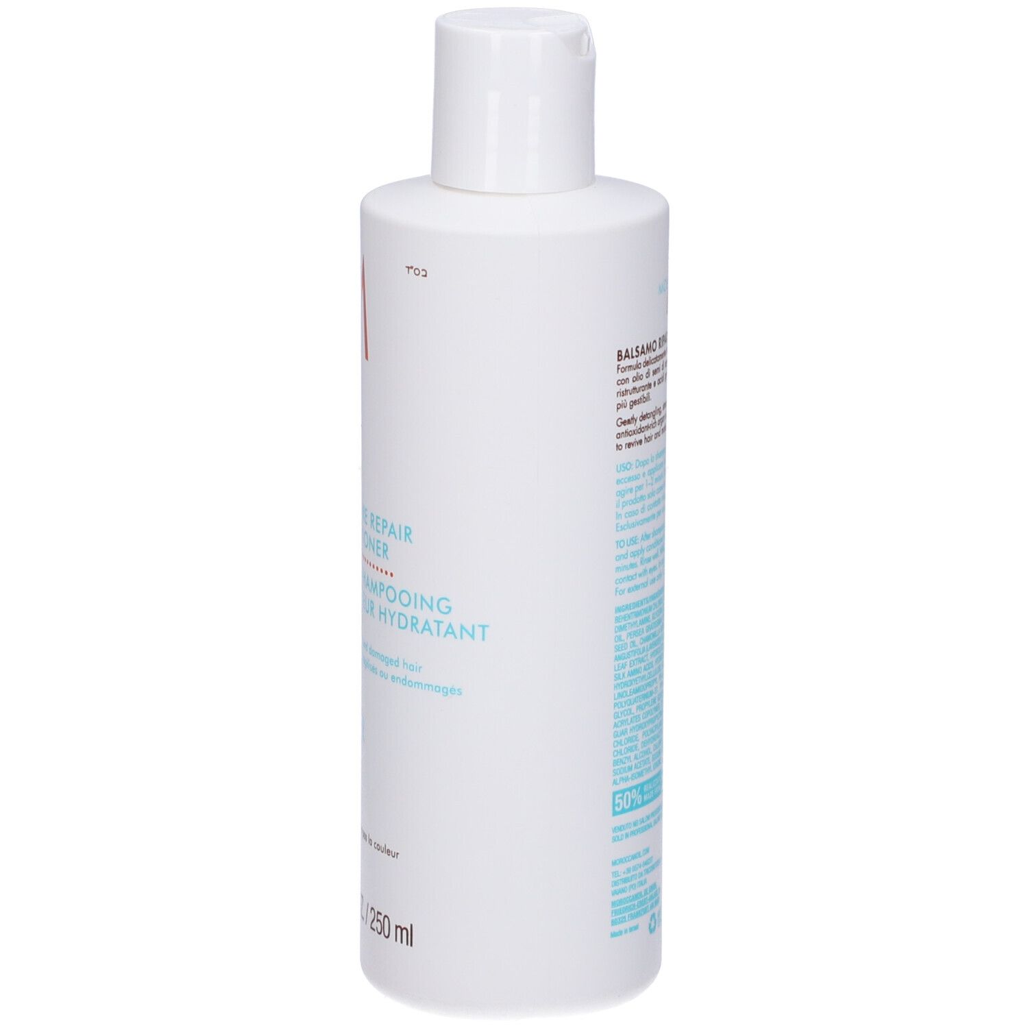 Weiße Flasche mit Moroccanoil Logo, 'Moisture Repair Conditioner' und 8.5 FL.OZ. / 250ml.