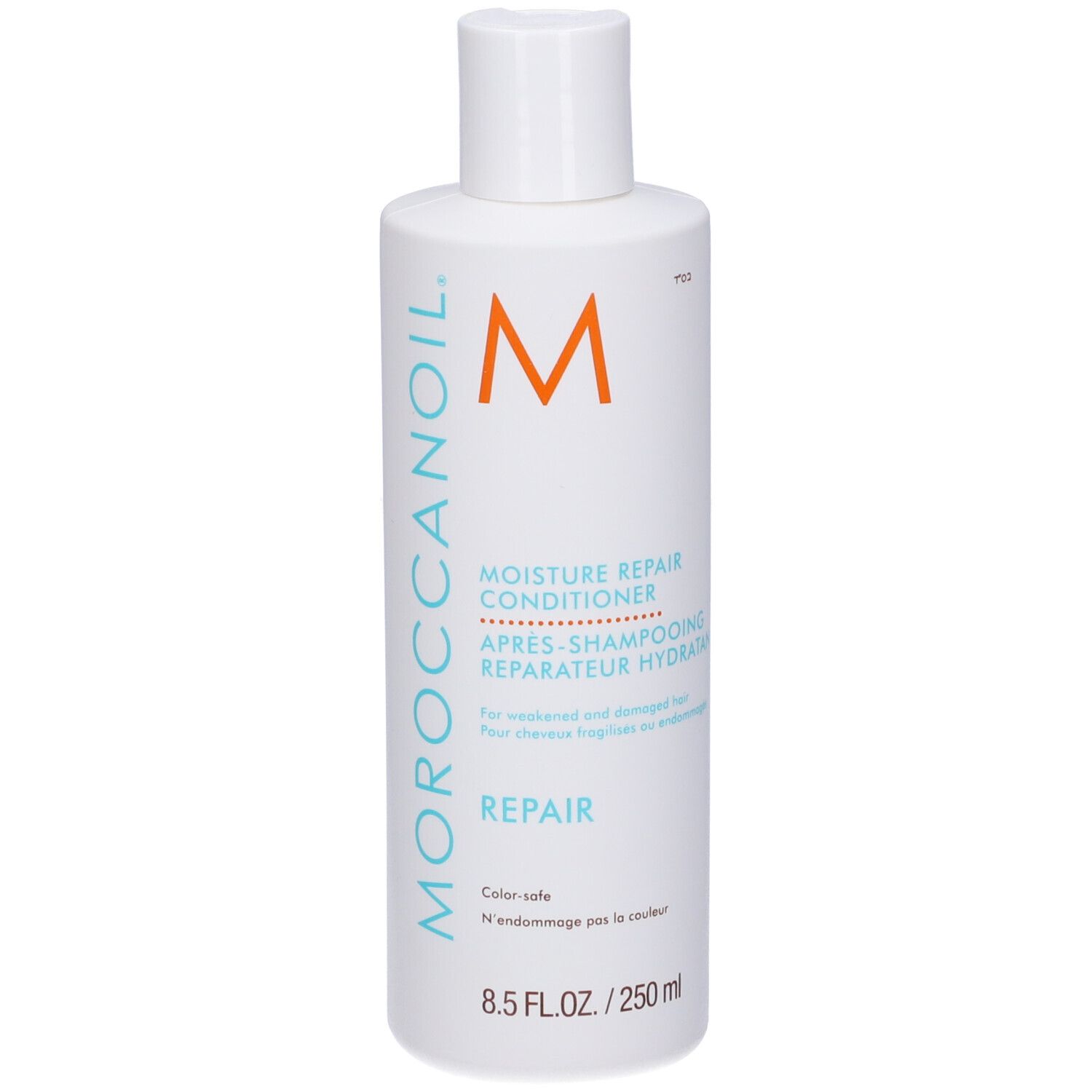 Seitenansicht einer weißen Flasche mit Moroccanoil Logo und Produktinformationen.