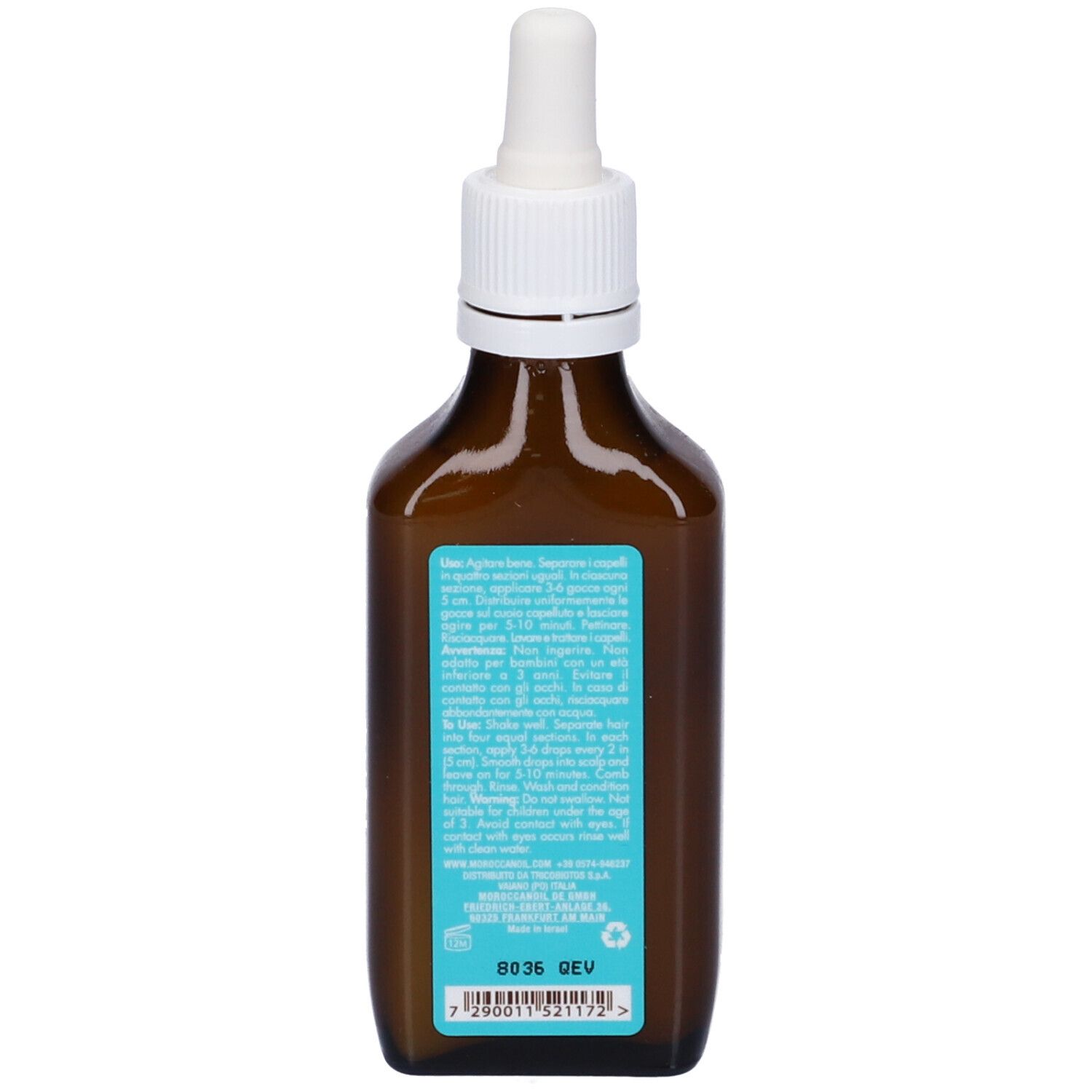 Rückseite der braunen Glasflasche. Türkisfarbenes Etikett mit Text und Barcode.