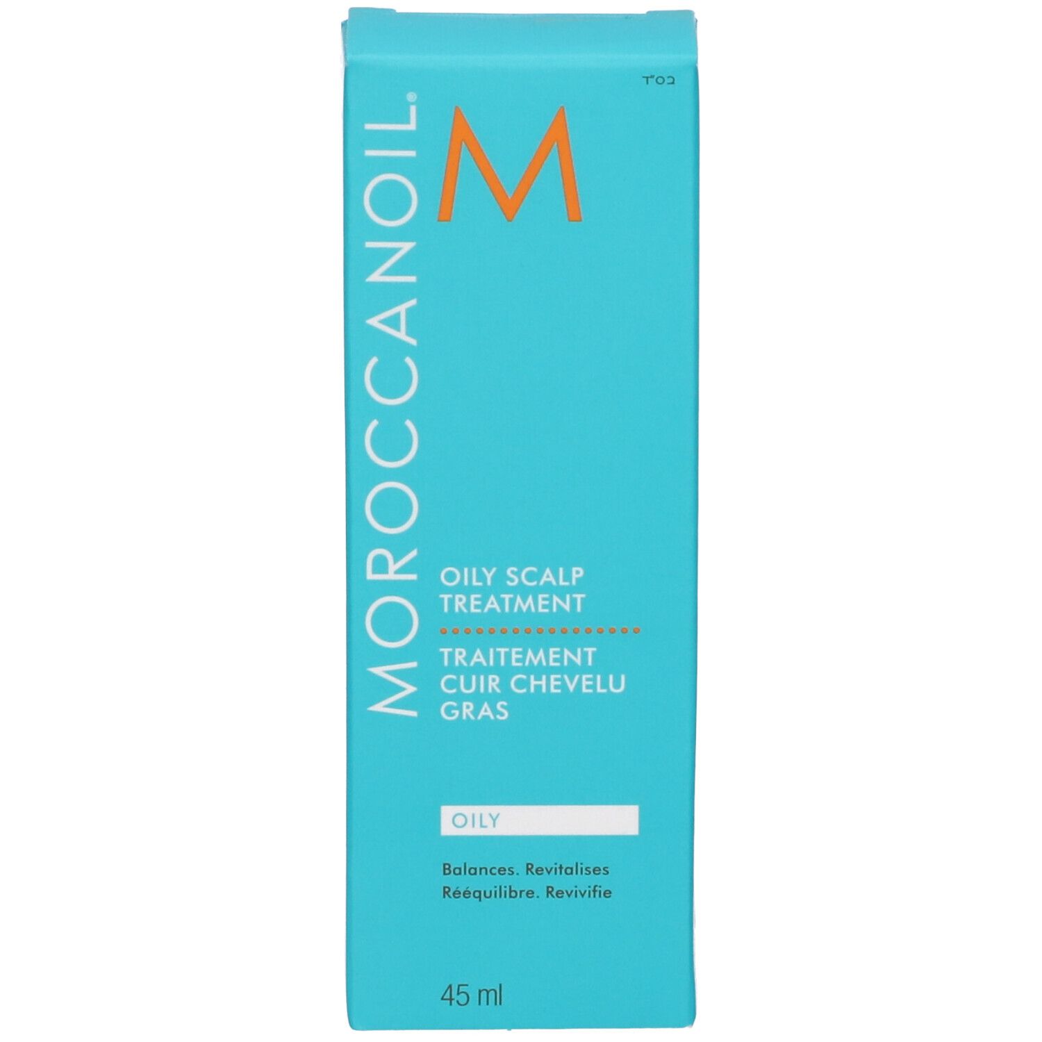 Türkisfarbene Schachtel. Text: OILY SCALP TREATMENT, 45 ml.