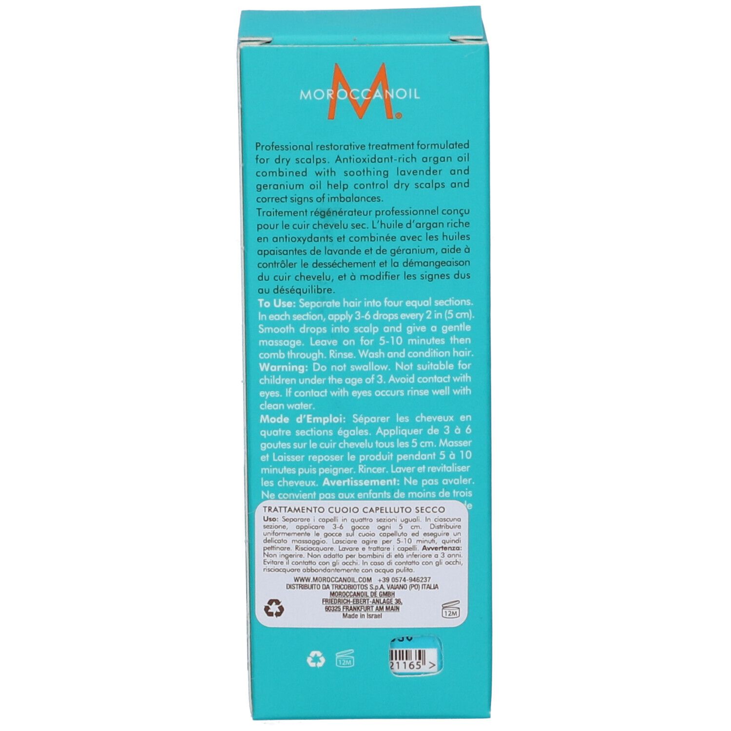 Rückseite der Moroccanoil Trocken Kopfhaut Behandlung Verpackung mit Anwendungshinweisen.