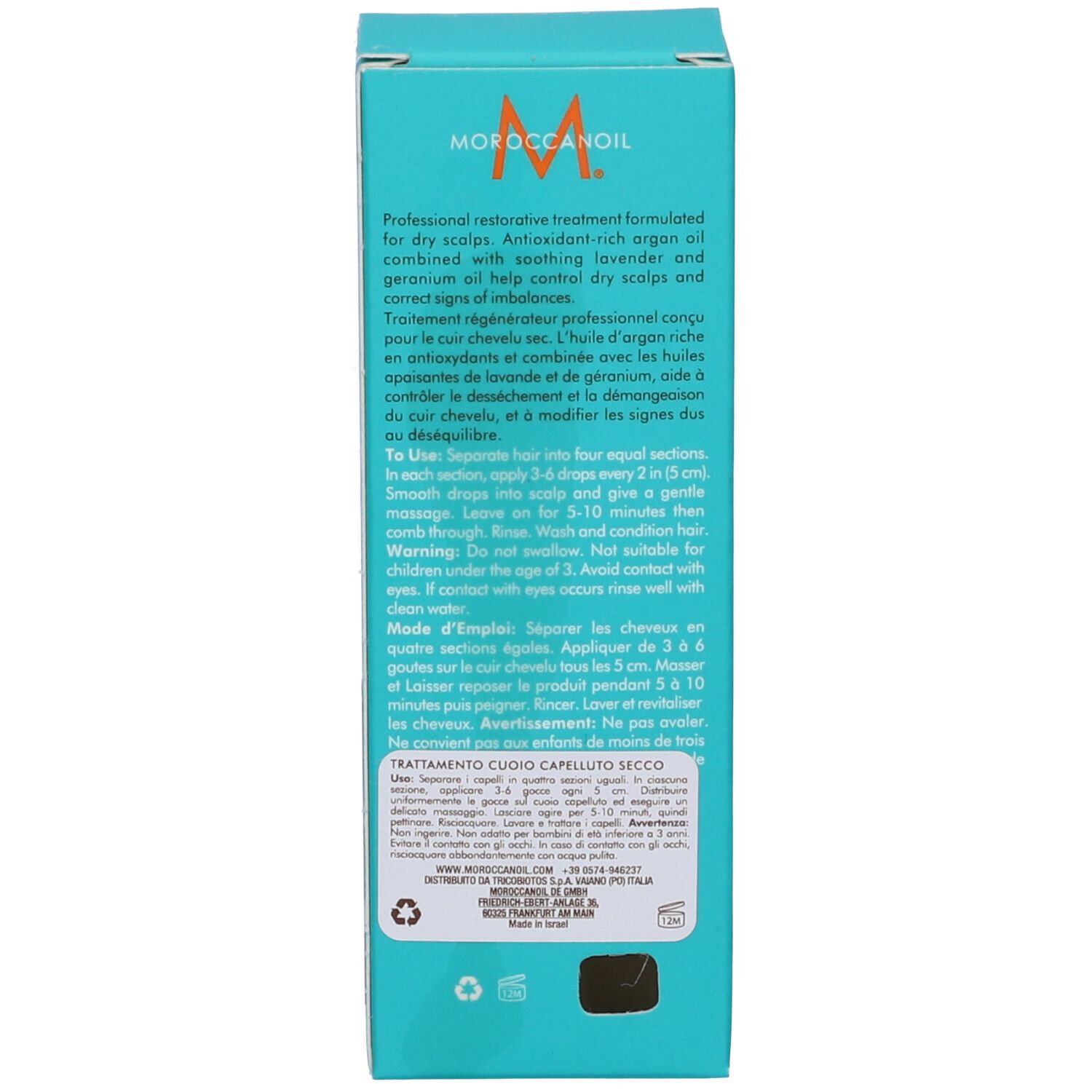 Rückseite der Moroccanoil Trocken Kopfhaut Behandlung Verpackung mit Details.