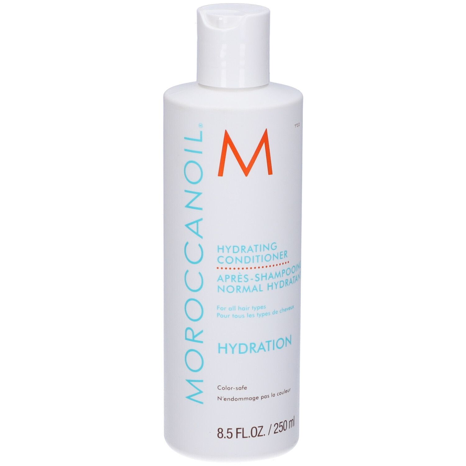 Weiße Flasche mit weißem Deckel. Aufschrift: Moroccanoil, Hydrating Conditioner. Orangefarbenes M-Logo. 8.5 FL.OZ./250 ml.