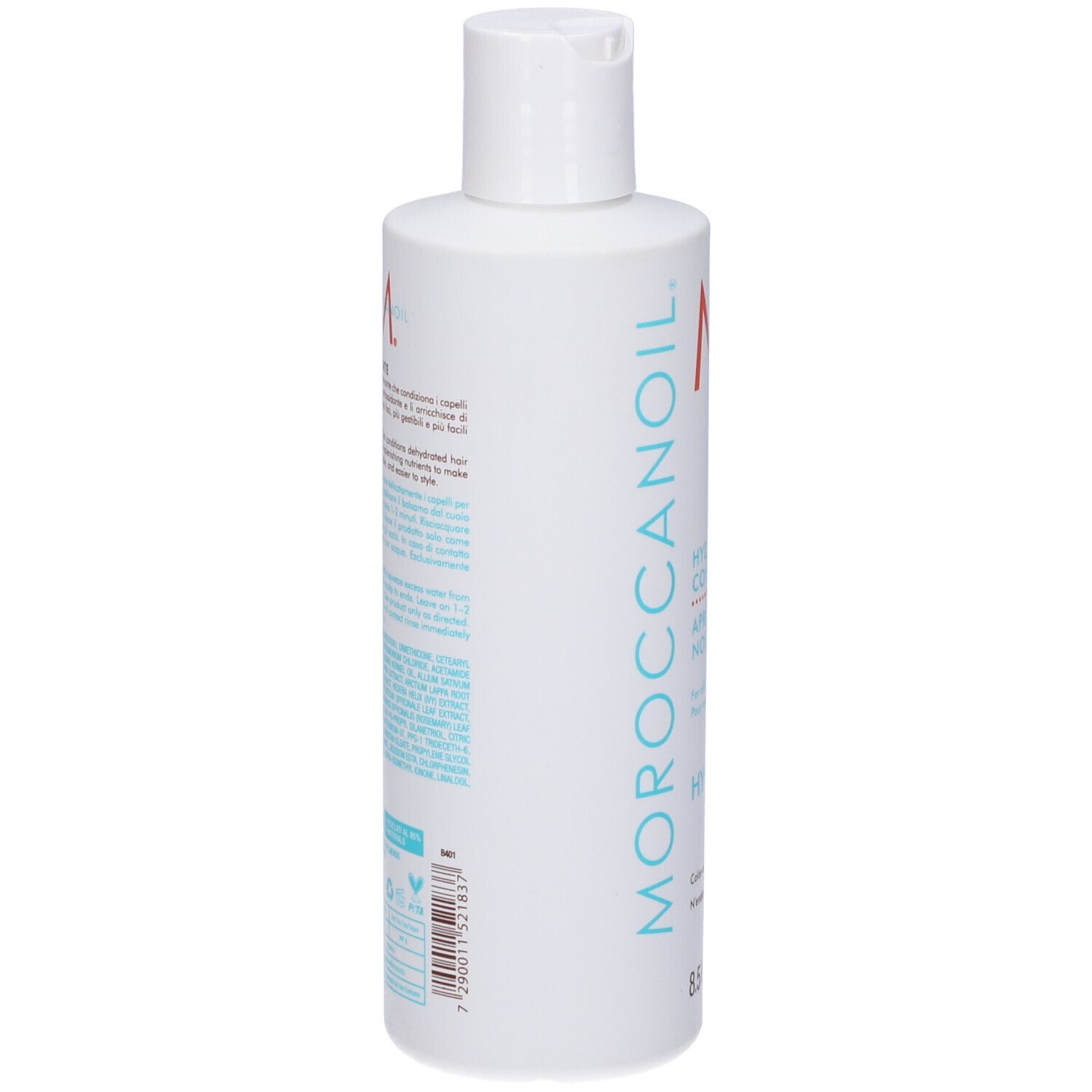 Weiße Flasche mit weißem Deckel. Aufschrift: Moroccanoil. Text in mehreren Sprachen. 8.5 FL.OZ./250 ml. Rückansicht.