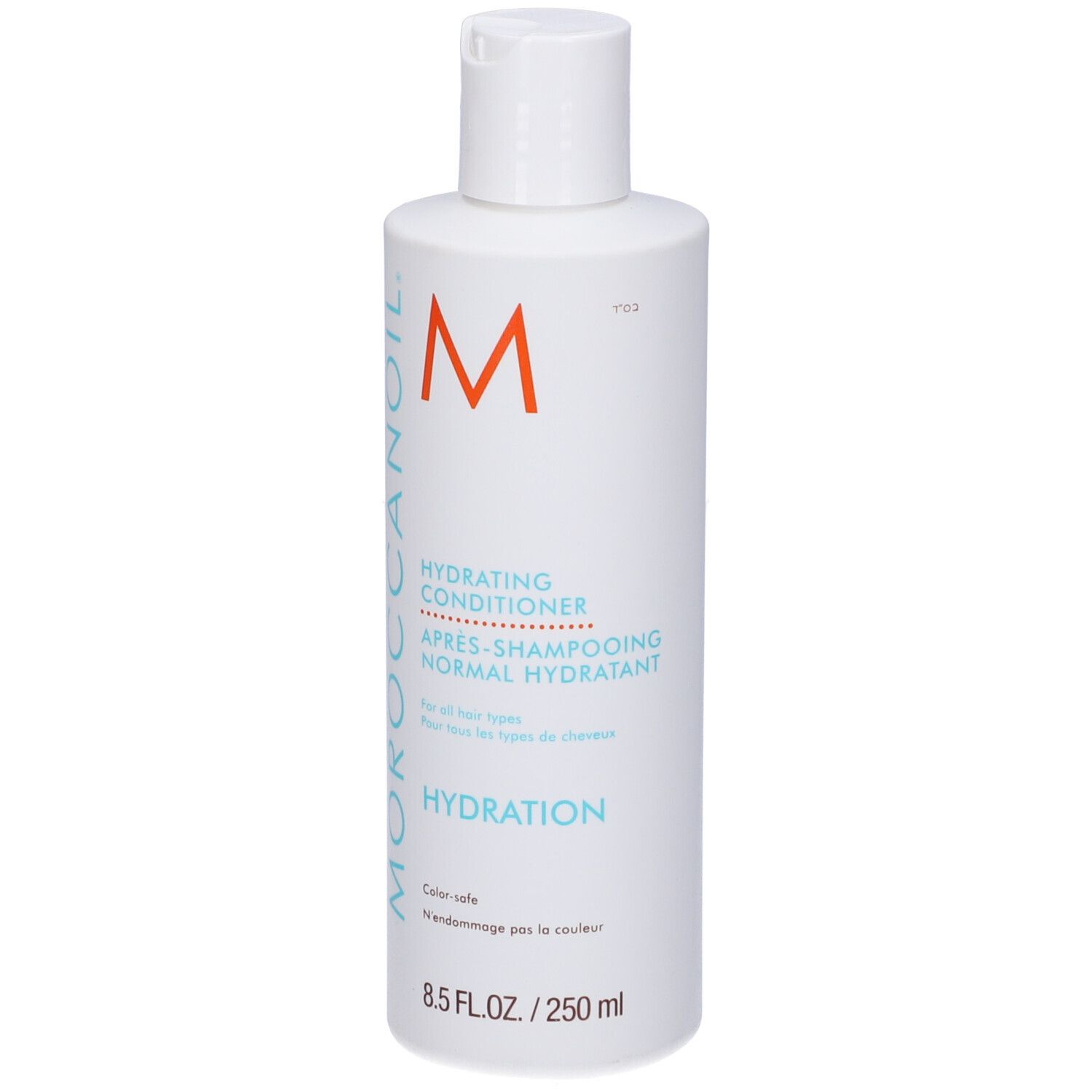 Weiße Flasche mit weißem Deckel. Aufschrift: Moroccanoil, Hydrating Conditioner. Orangefarbenes M-Logo. 8.5 FL.OZ./250 ml.