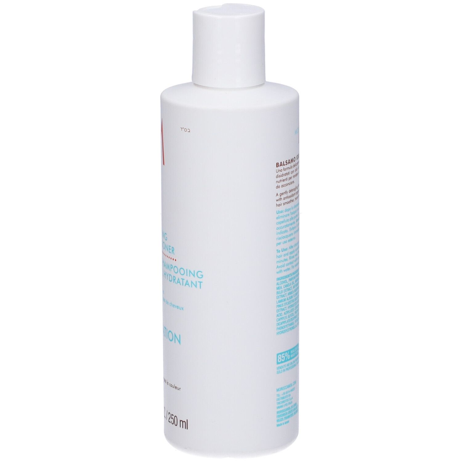 Weiße Flasche mit weißem Deckel. Aufschrift: Moroccanoil, Hydrating Conditioner. 8.5 FL.OZ./250 ml. Seitenansicht.