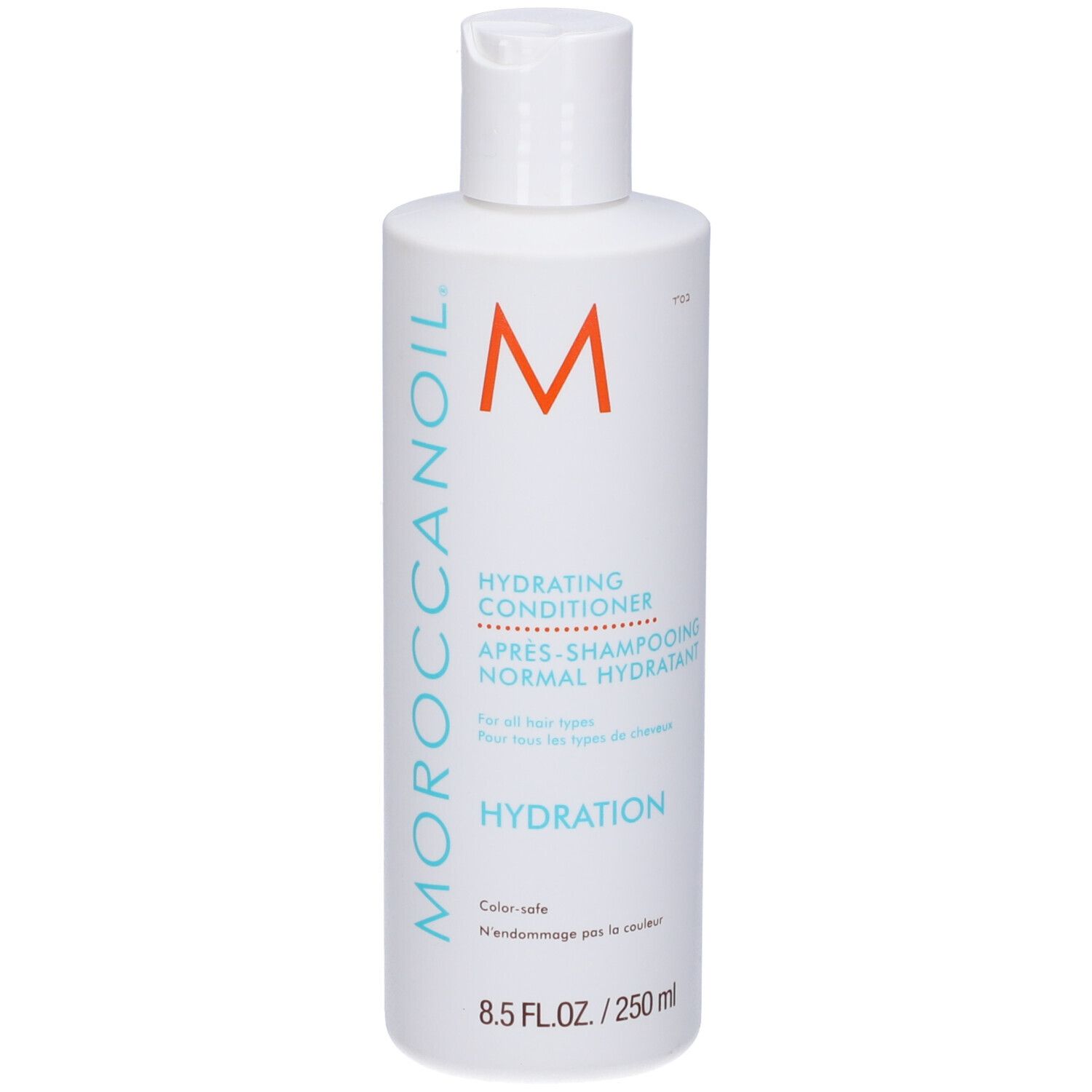 Weiße Flasche mit weißem Deckel. Aufschrift: Moroccanoil, Hydrating Conditioner. Orangefarbenes M-Logo. 8.5 FL.OZ./250 ml.