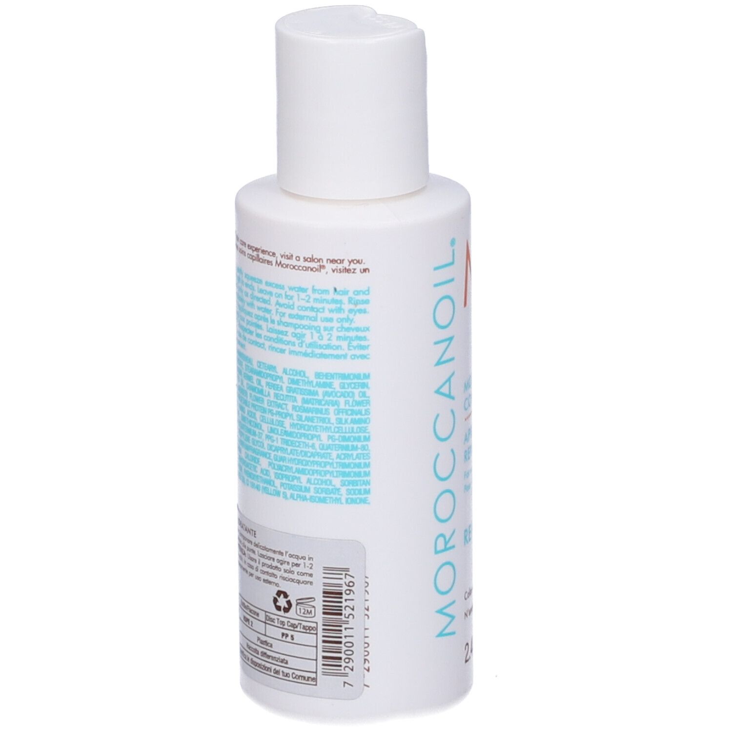 Rückseite der Moroccanoil Feuchtigkeitspflege mit Inhaltsstoffen.