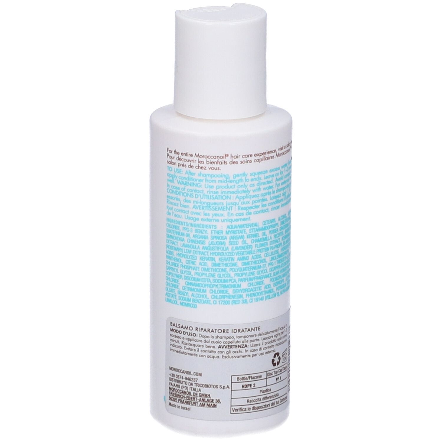 Rückseite der Moroccanoil Feuchtigkeitspflege mit Inhaltsstoffen.