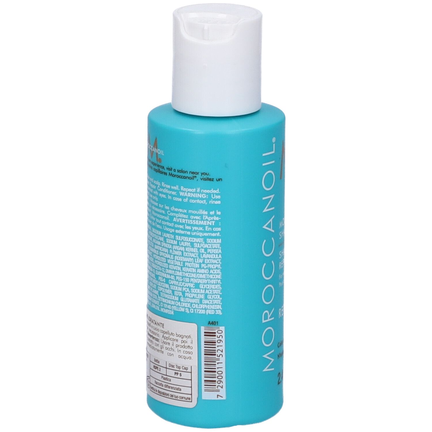 Rückseite der Moroccanoil Feuchtigkeit reparierendes Shampoo Flasche mit Inhaltsstoffen.
