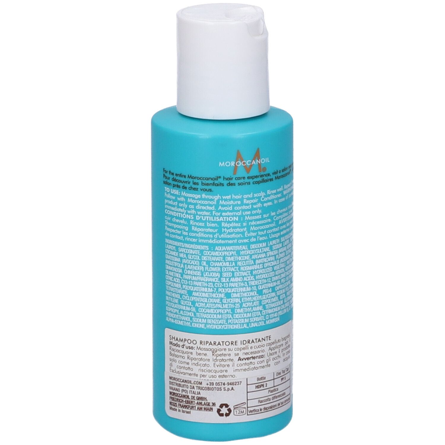 Rückseite der Moroccanoil Feuchtigkeit reparierendes Shampoo Flasche mit Anwendungshinweisen.