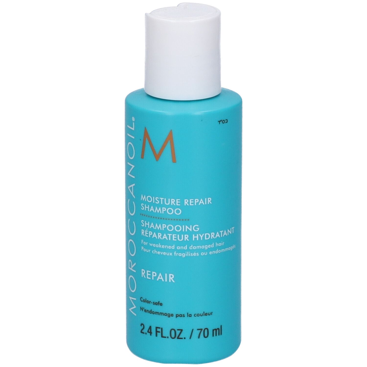 Moroccanoil Feuchtigkeit reparierendes Shampoo, 70 ml Flasche, mit M-Logo.