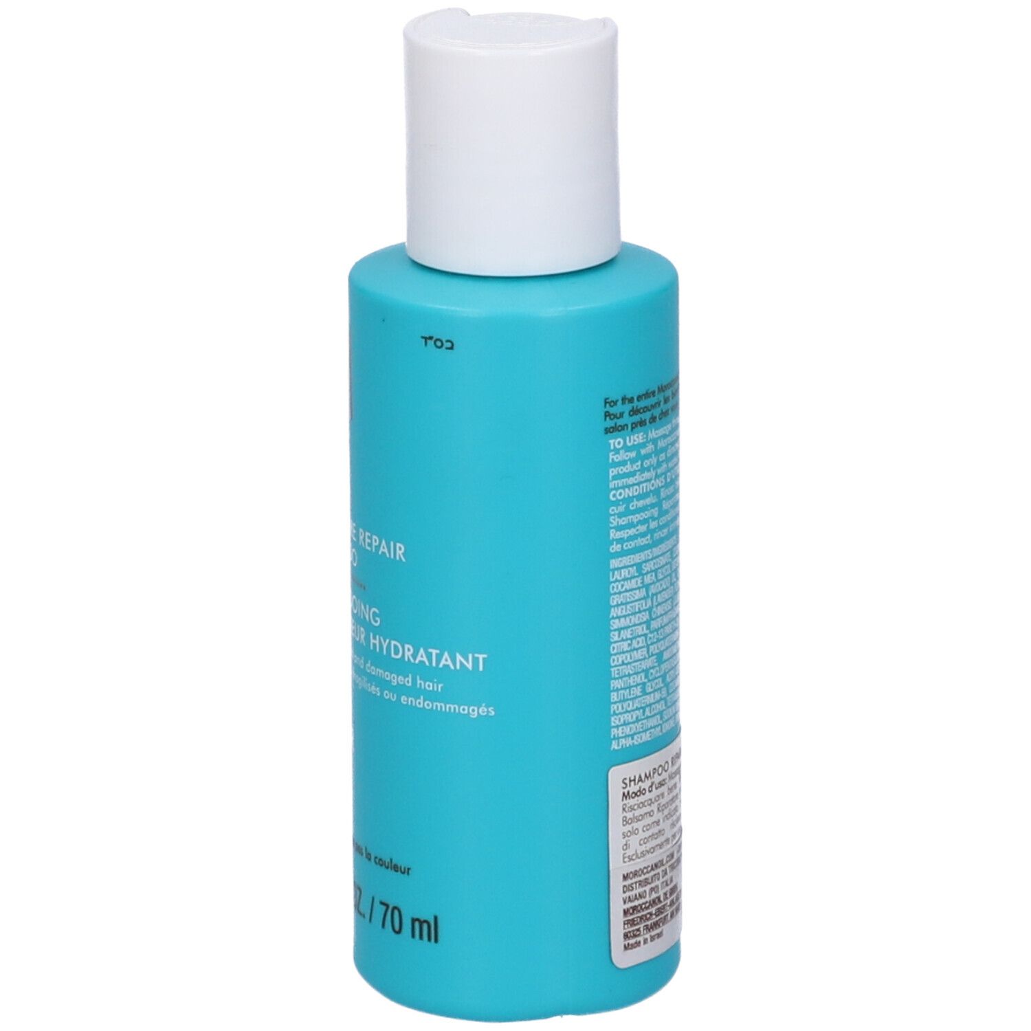 Rückseite der Moroccanoil Feuchtigkeit reparierendes Shampoo Flasche, 70 ml.