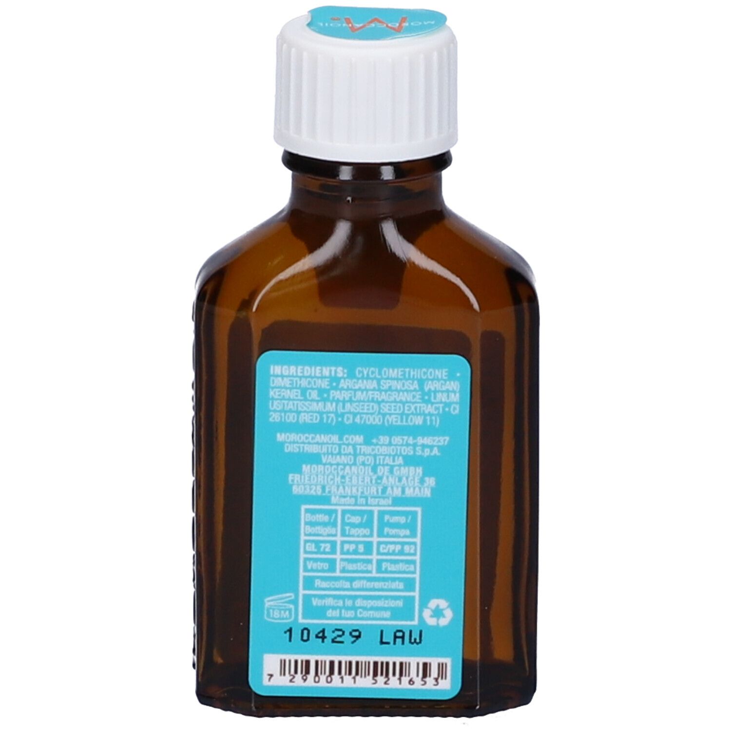Rückseite einer Moroccanoil Flasche mit Inhaltsstoffen und Details.