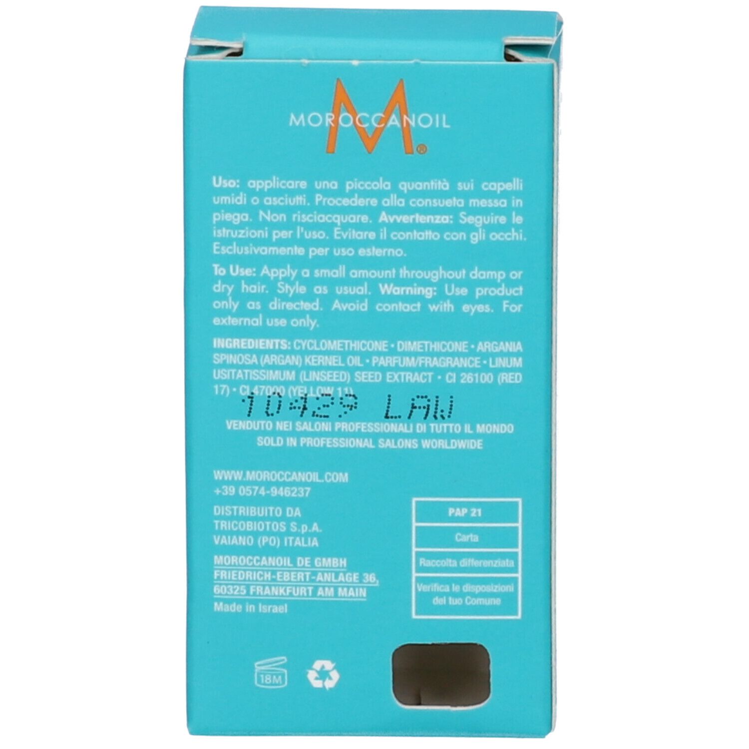 Rückseite der Moroccanoil Trattamento Leggero Verpackung mit Anwendungshinweisen.