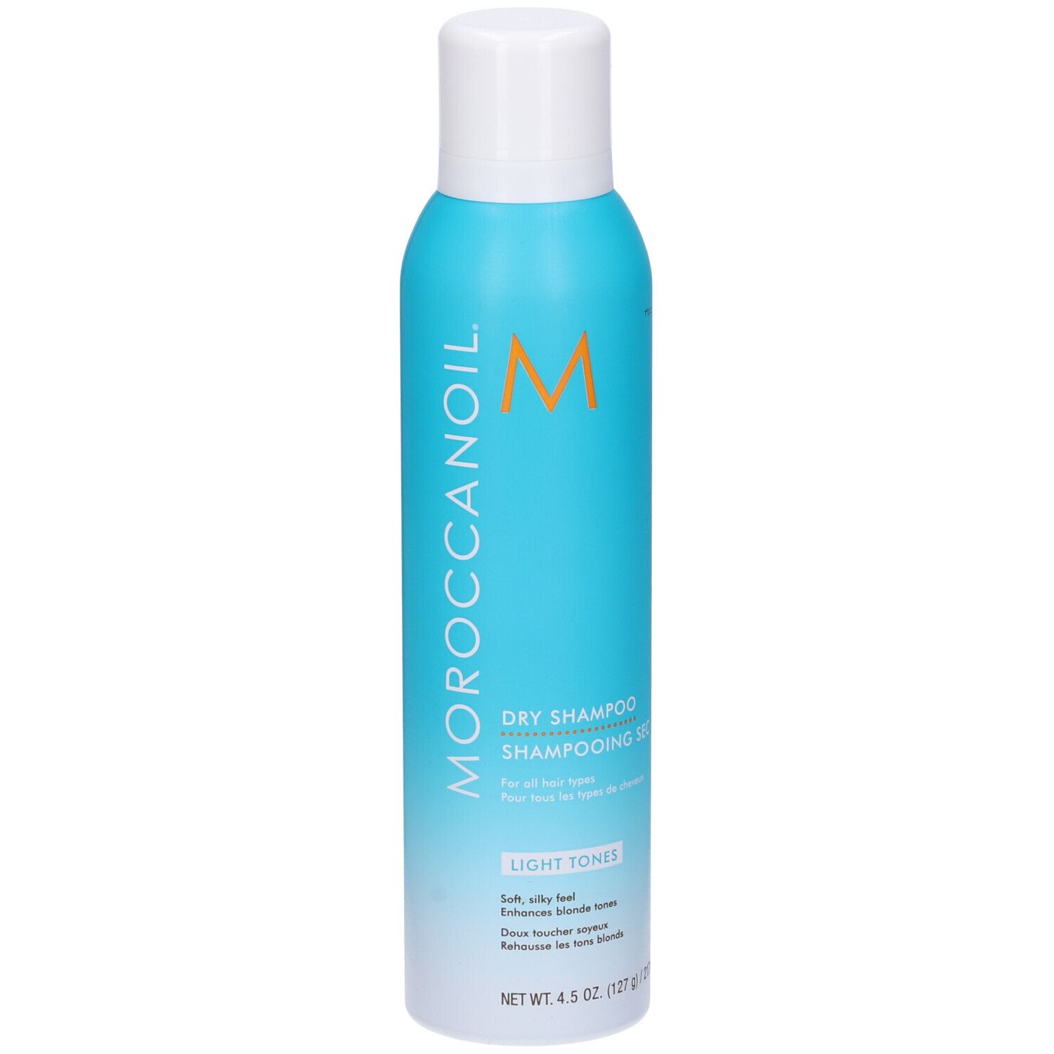 Türkisblaue Sprühflasche mit weißem Deckel. Aufschrift: Moroccanoil, Dry Shampoo, Light Tones.