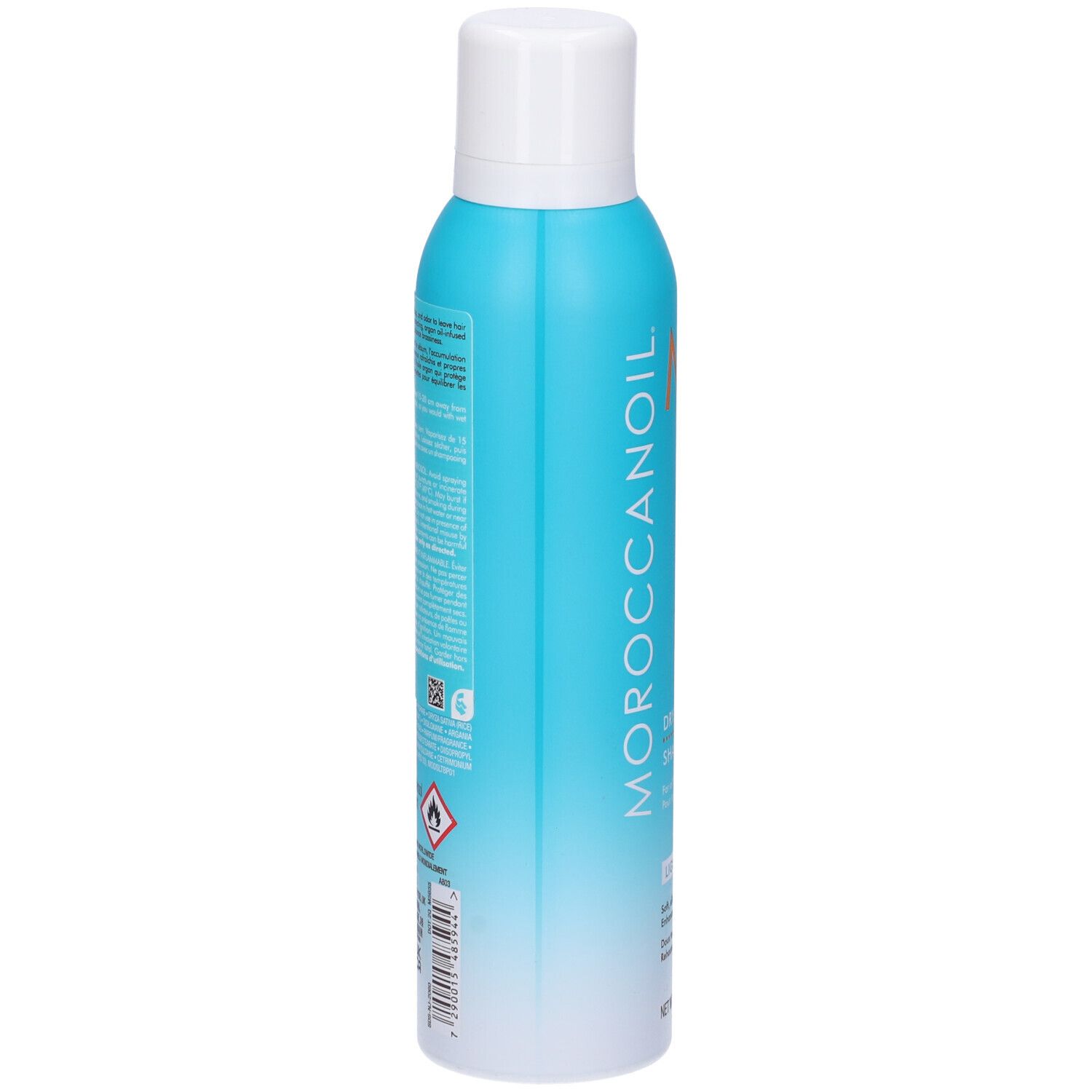 Türkisblaue Sprühflasche mit weißem Deckel. Rückseite mit Text und Symbolen. Moroccanoil.