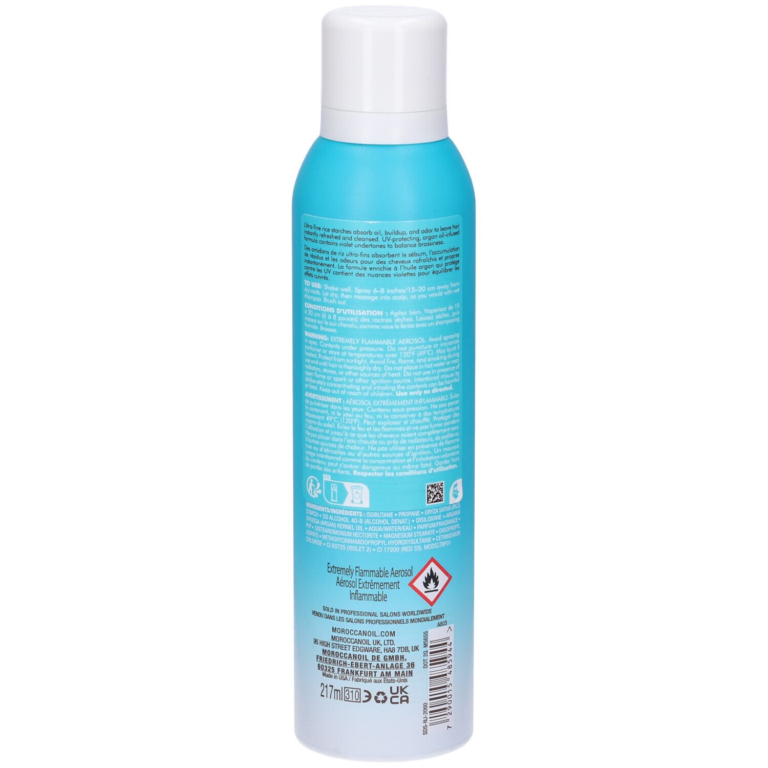 Türkisblaue Sprühflasche mit weißem Deckel. Rückseite mit Text und Symbolen. Moroccanoil.