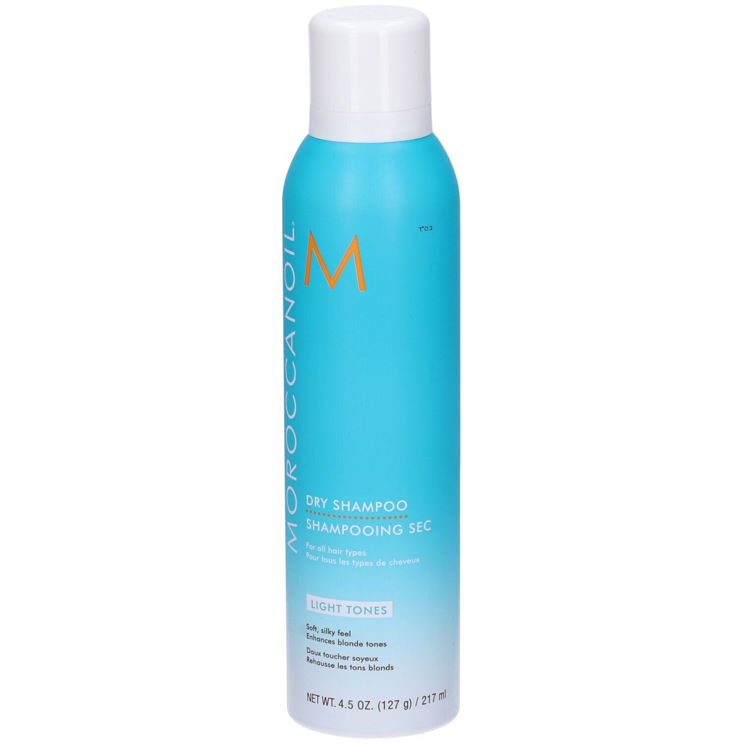 Türkisblaue Sprühflasche mit weißem Deckel. Aufschrift: Moroccanoil, Dry Shampoo, Light Tones.