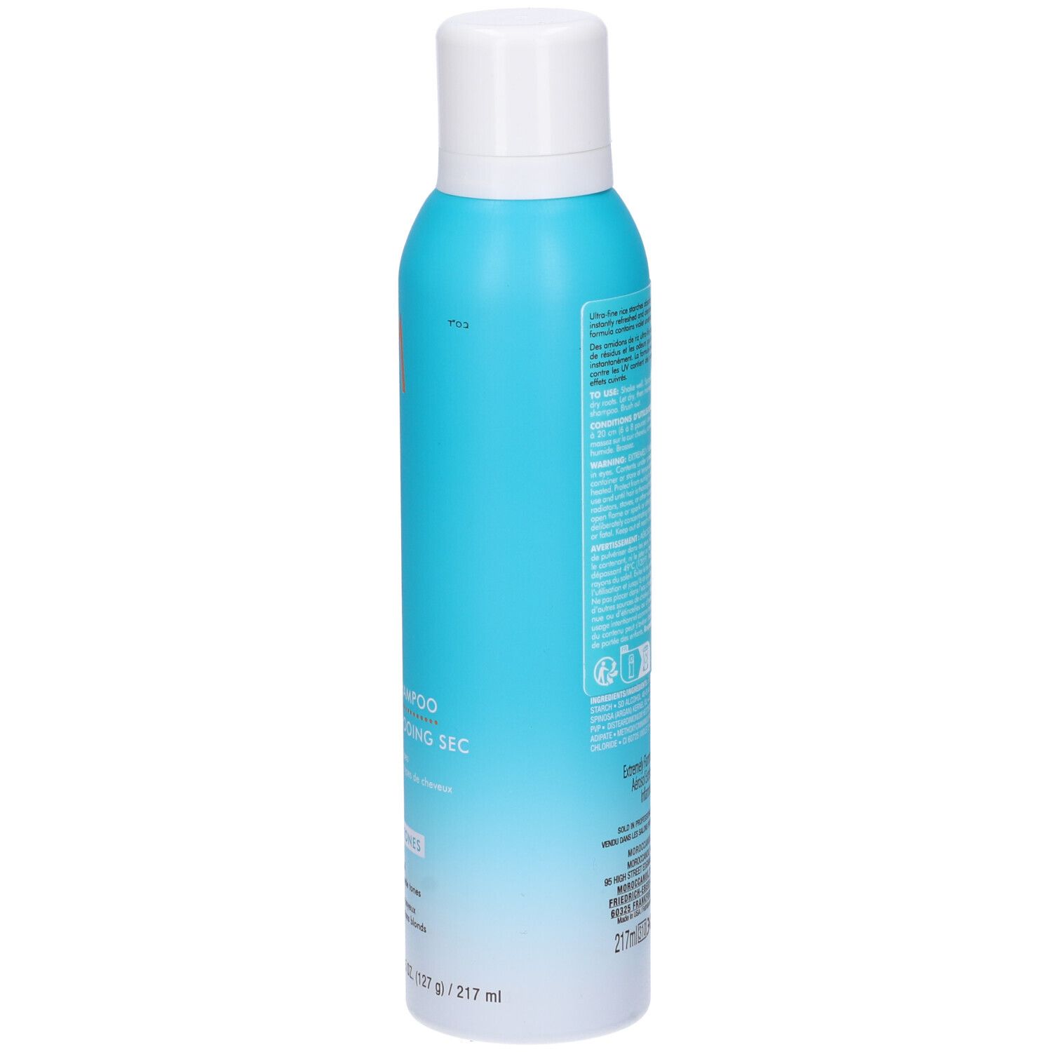Türkisblaue Sprühflasche mit weißem Deckel. Rückseite mit Text und Symbolen. Moroccanoil.