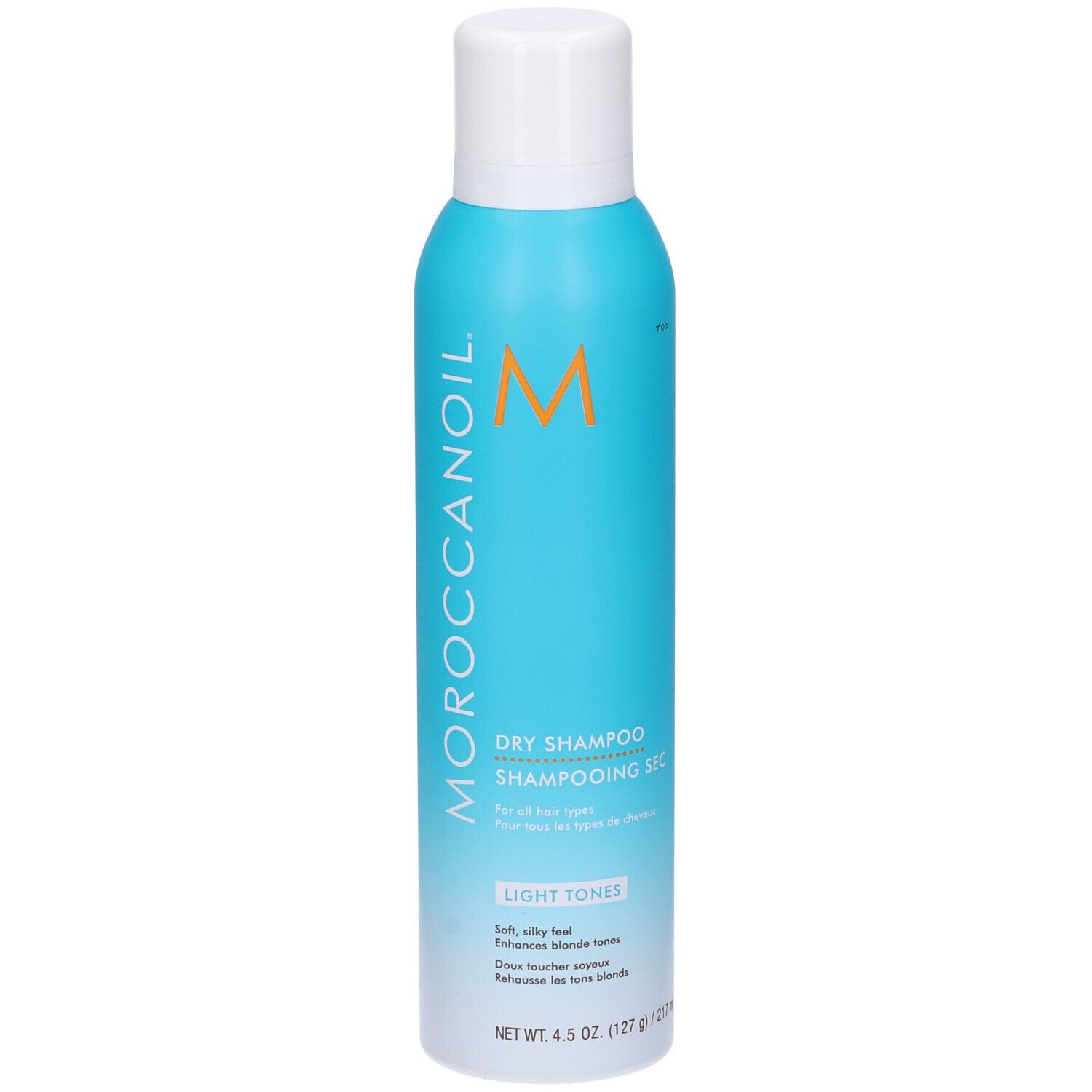Türkisblaue Sprühflasche mit weißem Deckel. Aufschrift: Moroccanoil, Dry Shampoo, Light Tones.