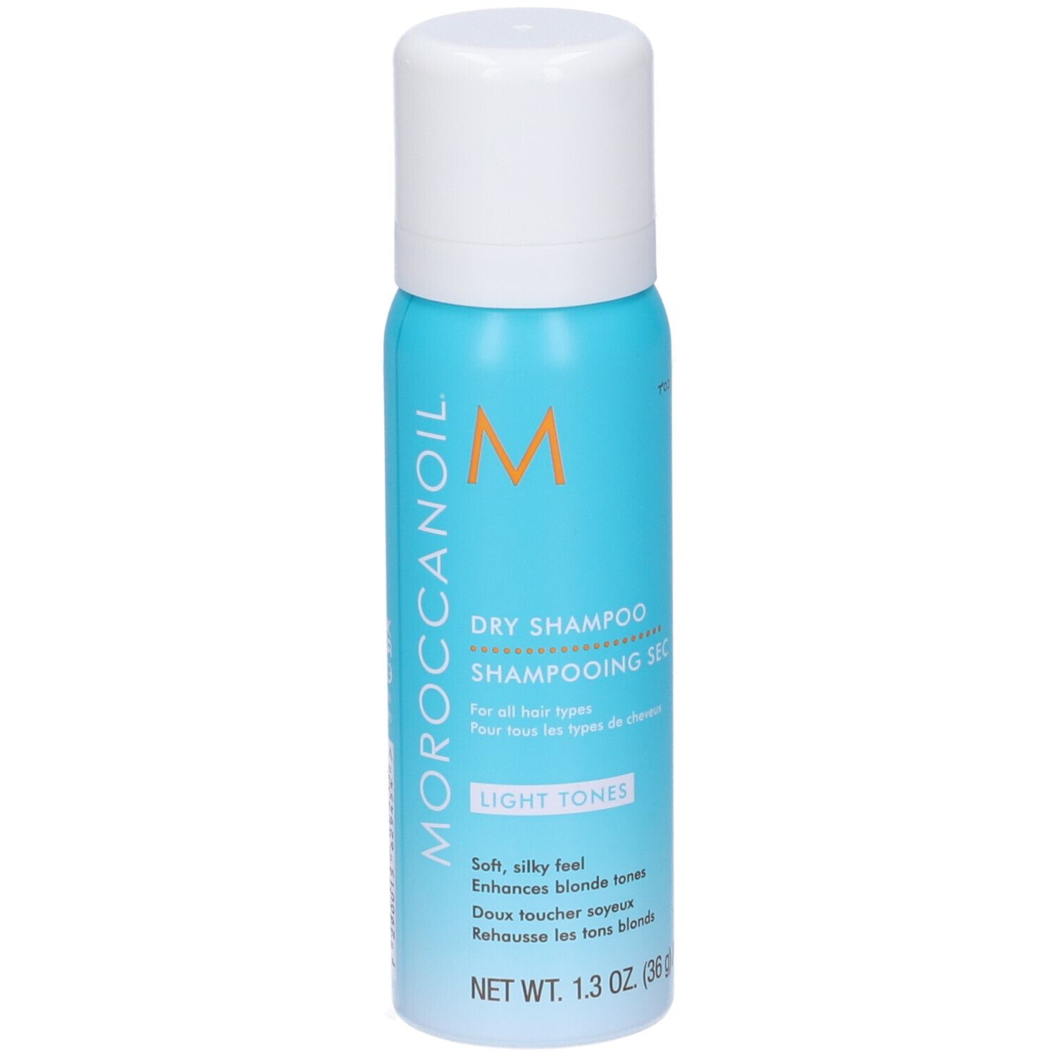Moroccanoil Trockenshampoo für helle Haartöne in einer hellblauen Sprühdose, Vorderseite mit Text.