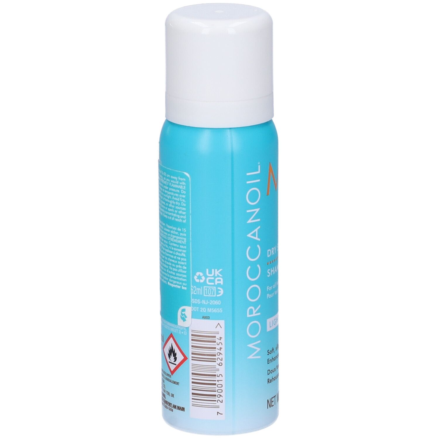 Rückseite einer Moroccanoil Trockenshampoo-Dose für helle Haartöne mit Barcode und Warnsymbolen.