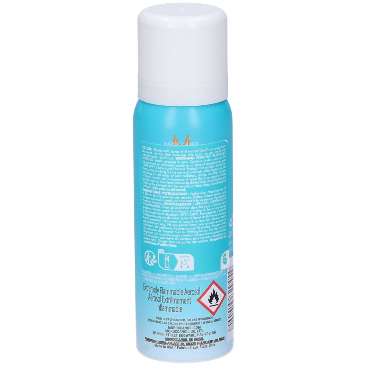 Rückseite einer Moroccanoil Trockenshampoo-Dose für helle Haartöne mit Warnhinweisen und Inhaltsstoffen.