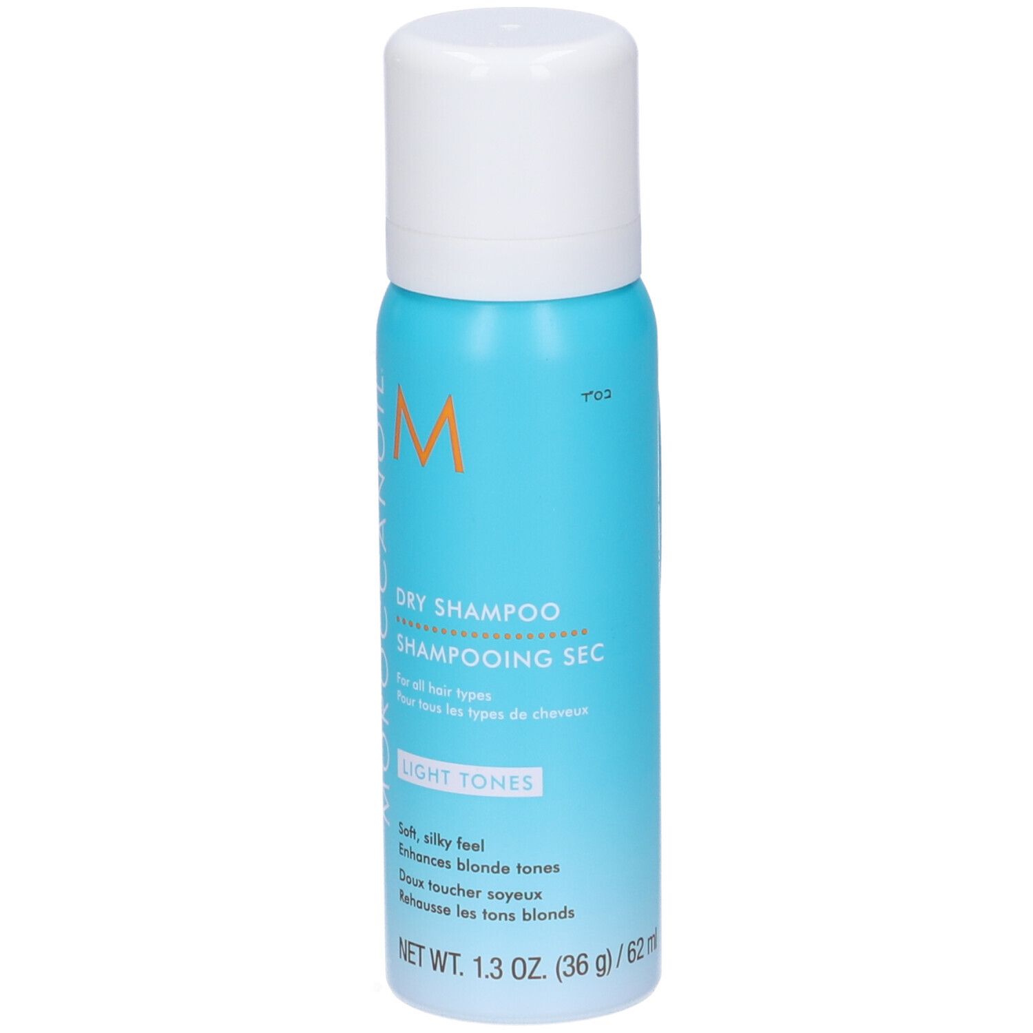 Moroccanoil Trockenshampoo für helle Haartöne, Rückseite der hellblauen Sprühdose mit Text.