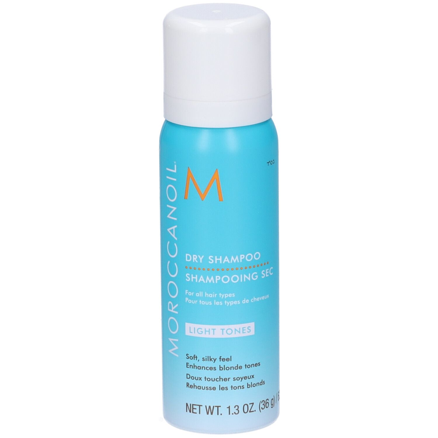 Moroccanoil Trockenshampoo für helle Haartöne in einer hellblauen Sprühdose mit weißem Deckel.